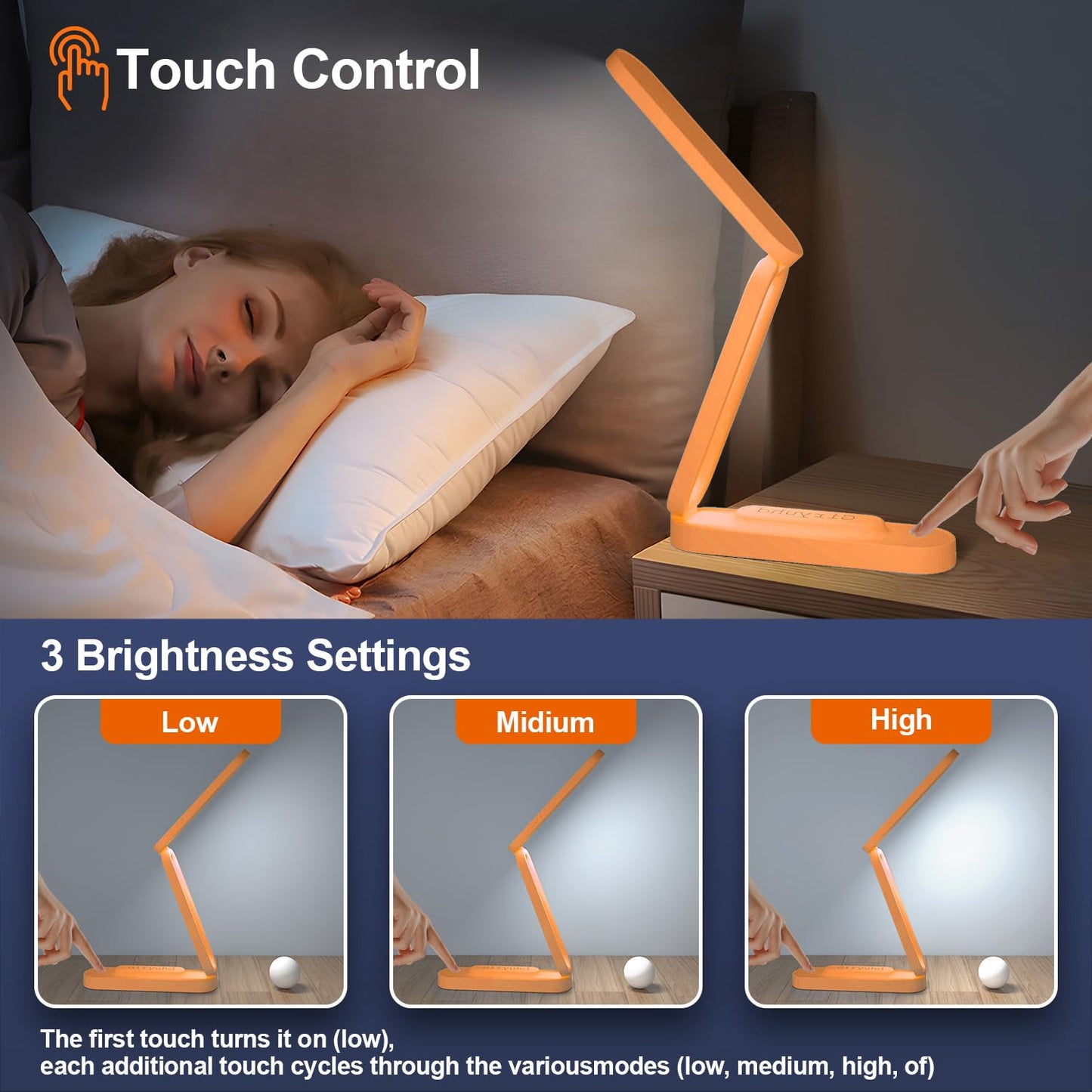Giryuhd LED Desk Lamp for Office Home & Battery Operated Lamp Rechargeable Lamp Foldable & Portable Light, LED Desk Light Strip, 3 Brightness Dimmable Small Desk Lamp Reading Lamp (Orange)