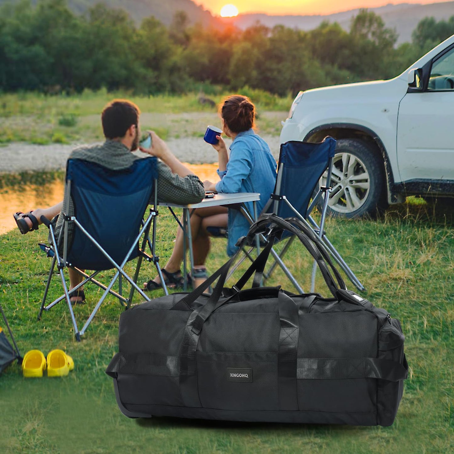 XINGOHQ 80L Rolling Duffle Bag with Wheels - Heavy-Duty 33.5" Foldable Duffel, Water-Resistant Wheeled Luggage with Shoulder Straps for Camping, Gym, Airplane (Black)