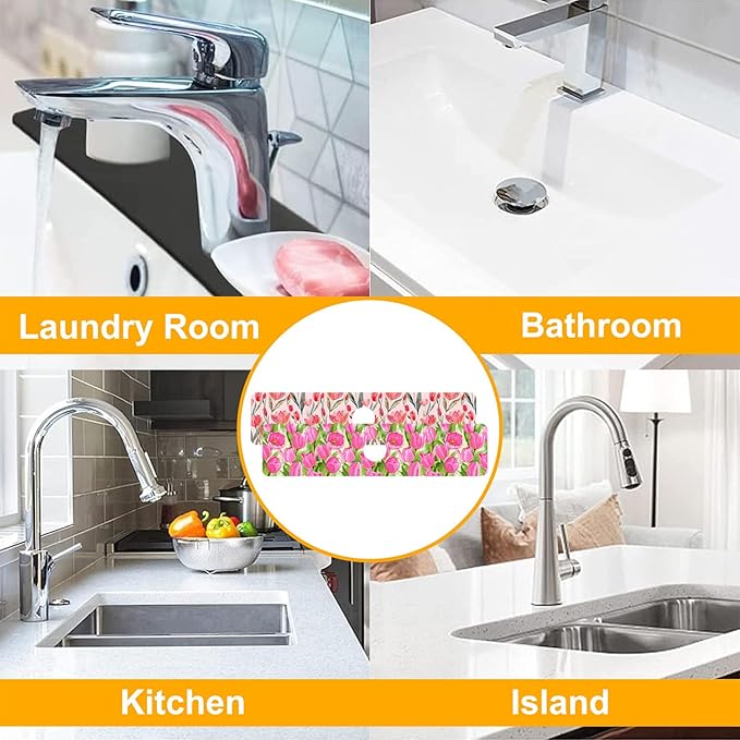 2 Pack Watercolor Tulips Sink Faucet Absorbing Mat Pink Tulips Super Absorbent