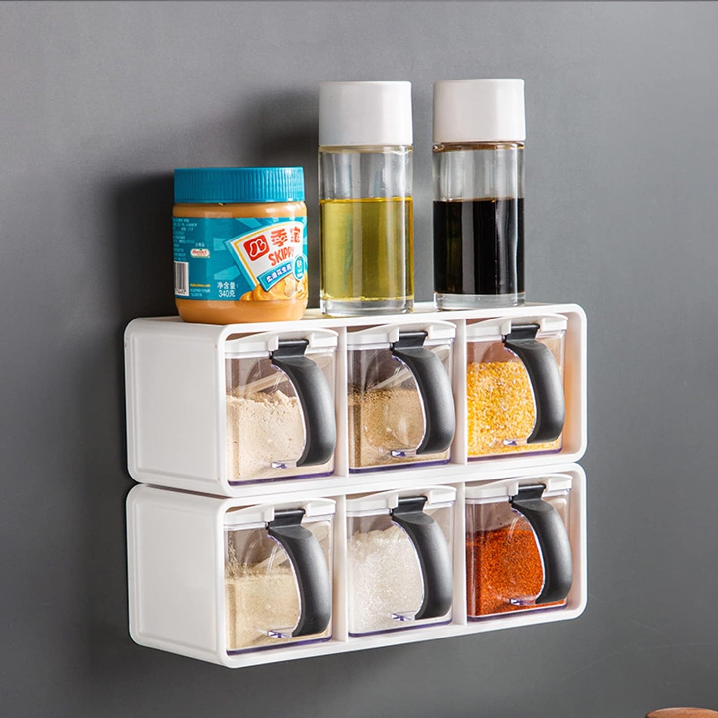 Meterga 3-Grids Seasoning Box with Tray, Salt Container, Hanging Wall Spice Rack, Kitchen Spice Pot with Spoon, Salt Pepper Sugar Storage Container Jar Cruet for Counter, Green