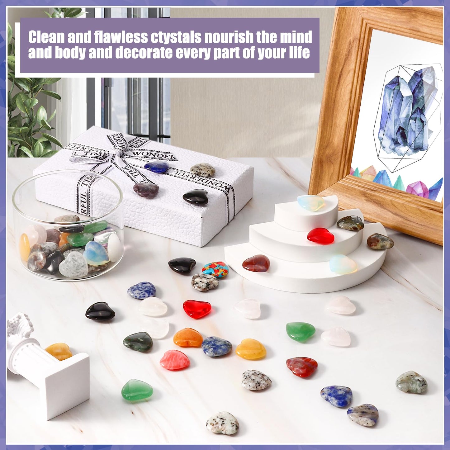 100PCS Worry Stones Heart Shape Healing Crystals, Anxiety Crystal Bulk 0.8 Inch Gem Stones Rocks Crystals Natural Cute Pocket Meditation Heart Beads Wholesale Set Gifts