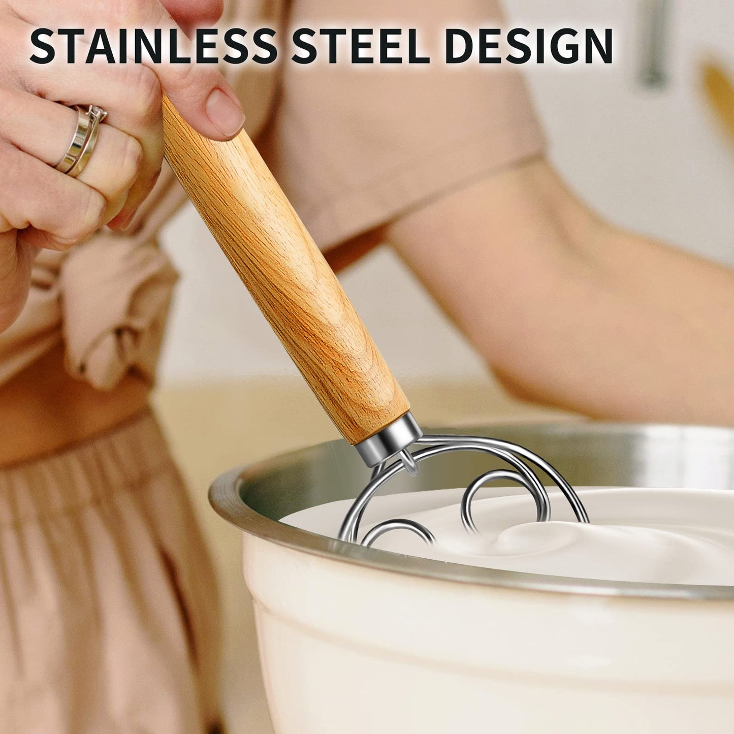 TEEVEA Danish Dough Whisk Stainless Steel Dough Hook Dutch Whisk for Sourdough Bread Dough Mixer Hand Wooden Handle Kitchen Whisking Mixing Tool Bread Making Tools and Supplies