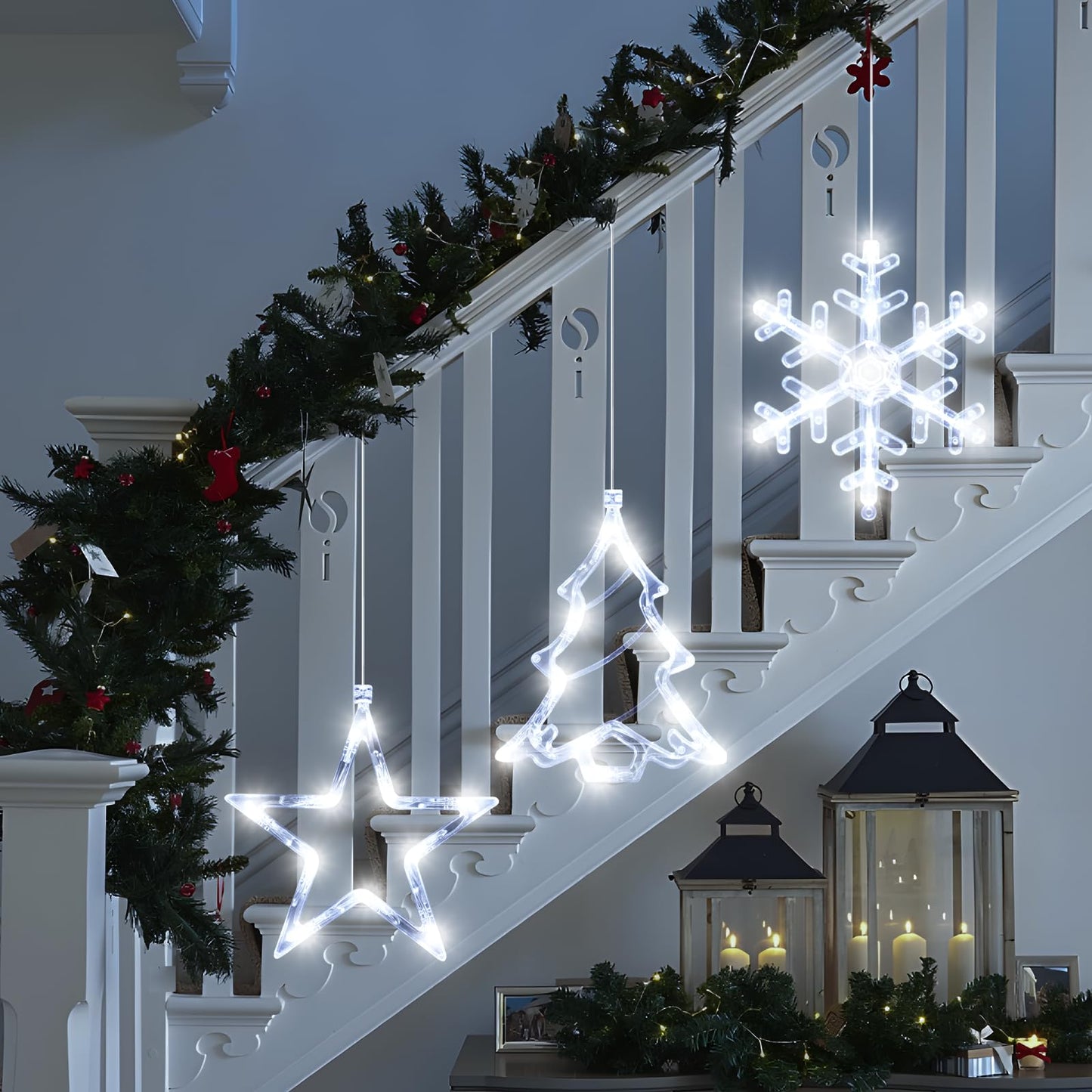 LYUBASA 3Pack Christmas Window Lights Decorations with Timer, Battery Powered Hanging White Lighted Snowflake Tree Star Shaped LED Sucker for Xmas Tree Fireplace Indoor Decor