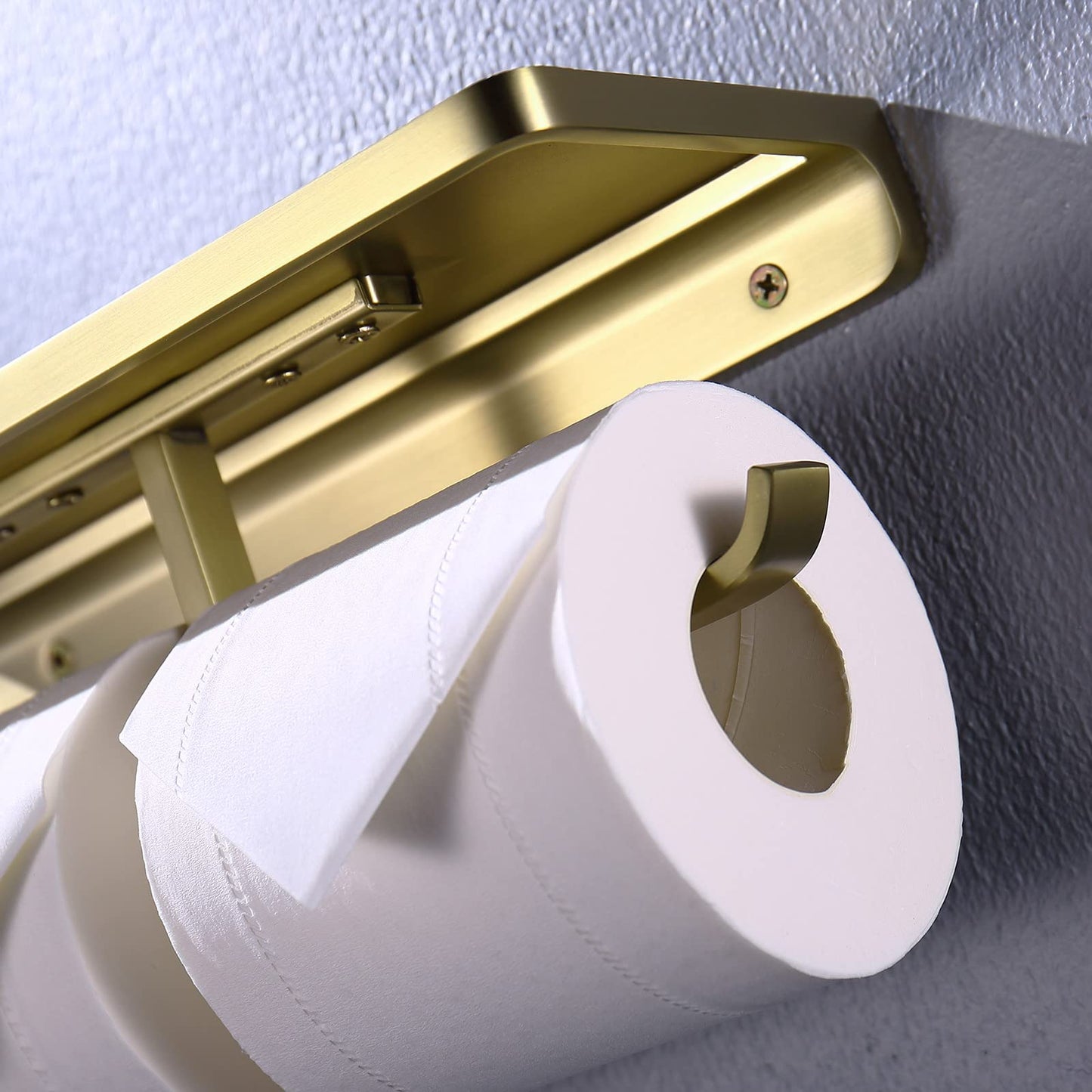 Dual Roll Toilet Paper Holder with Phone Shelf, Solid Metal Bathroom Accessory Tissue Dispenser Storage Wall Mounted, Spot Resist, Brushed Gold