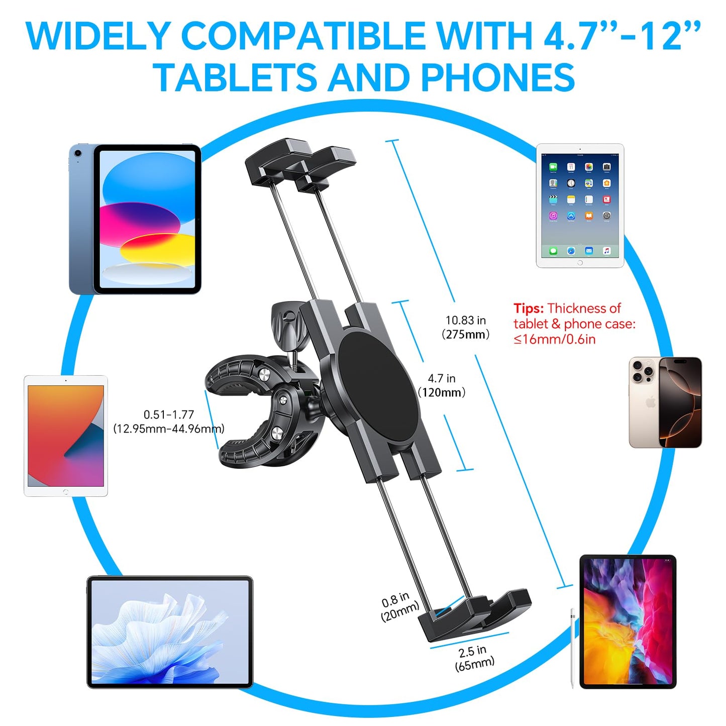 Coolpow Spin Bike Tablet Holder Mount【360° Adjustable】 Clamp Handlebar Bike ipad Holder Fit Treadmill, Stationary Bicycle,Microphone Stand Fit for iPad Pro, iPad, Galaxy Tabs, iPhone (4.7-12.9")