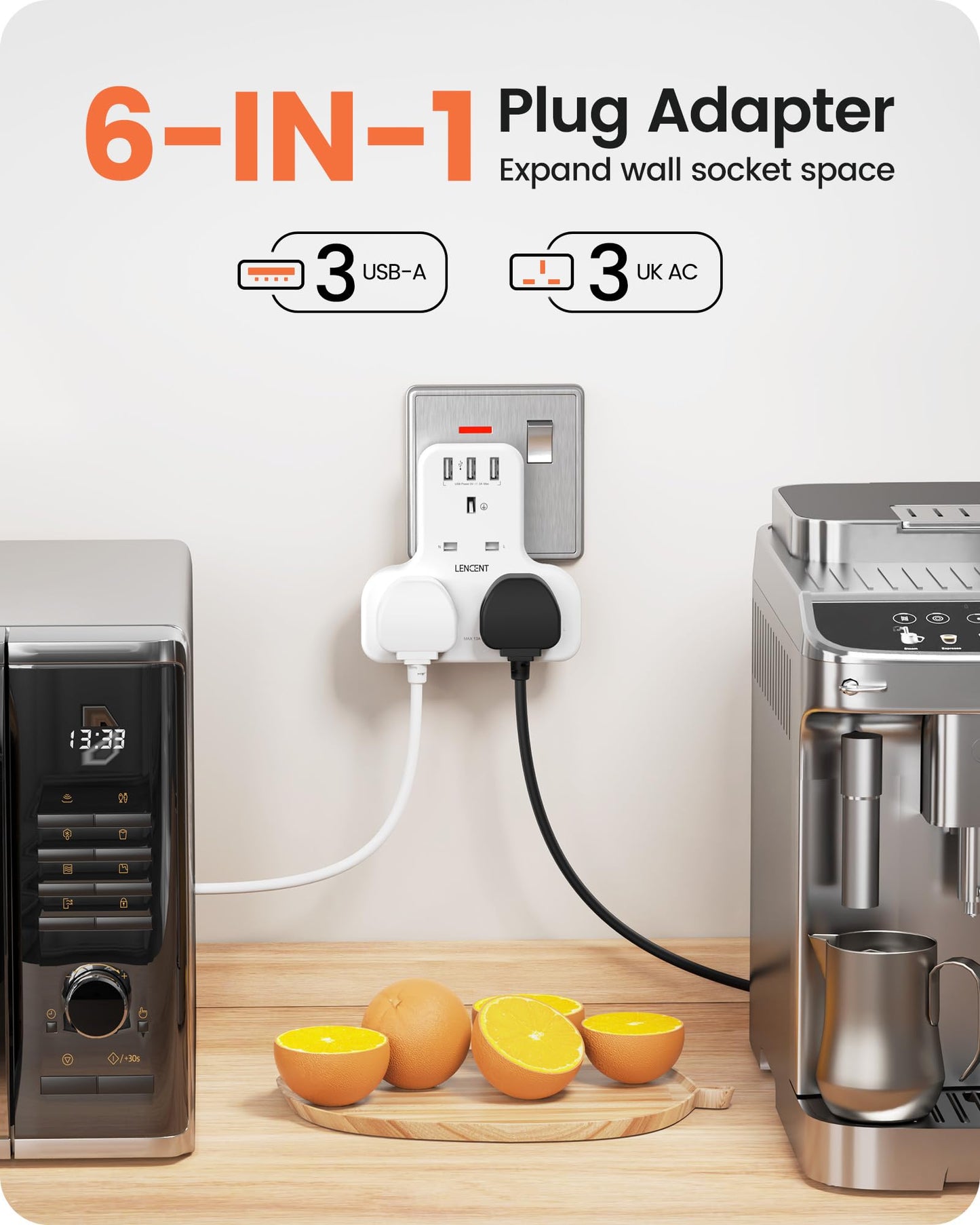LENCENT Plug Extension Socket, 3 Way Multi Plug Socket with 3 USB Ports, Power Extender Wall Adaptor for Household Appliances, Iphone, Smartphone, Tablet, Home, Office, Bedroom, 13A 3250W
