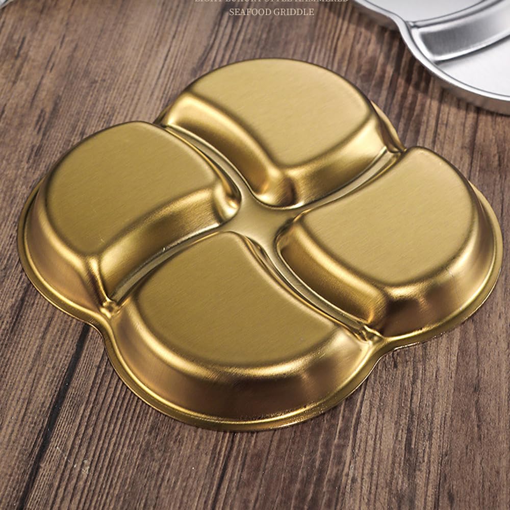Hayuhone 4 Pcs Soy Sauce Dish Stainless Steel Divided Dip Bowls Korean 4 Compartment Gold Sauce Plate Seasoning Dipping Condiment Tray for BBQ Vinegar Spice Salt Sugar Flavor Home Restaurant