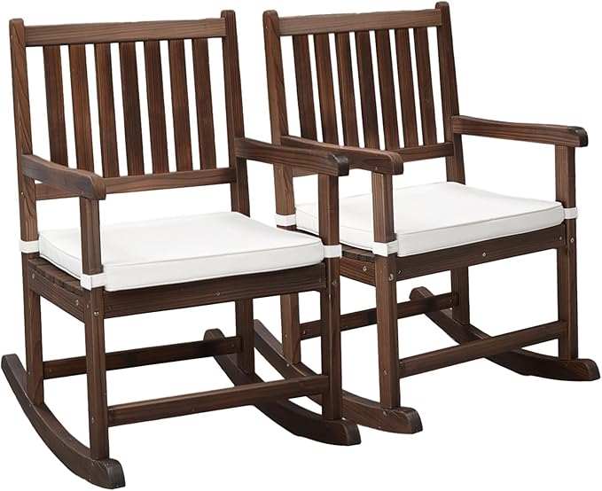 VINGLI Outdoor Rocking Chair, Weatherproof Rocker with Cushion, Wooden Rocking Bench Support 450 LBS for Patio, Yard, Garden, Outdoor or Indoors, Rustic(2PCS)