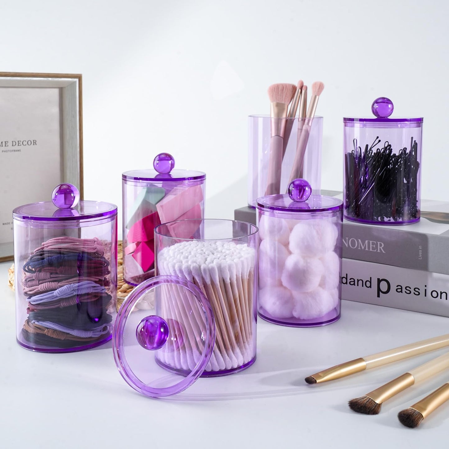 XIPENGKEJI 6 Pack Qtip Holder,Canister Apothecary Jar Set, Bathroom Jars with Lids Set for Cotton Swabs, Balls, Pads, Floss Picks,10oz-12oz Plastic Canisters Restroom Bedroom Vanity Organizer(Purple)