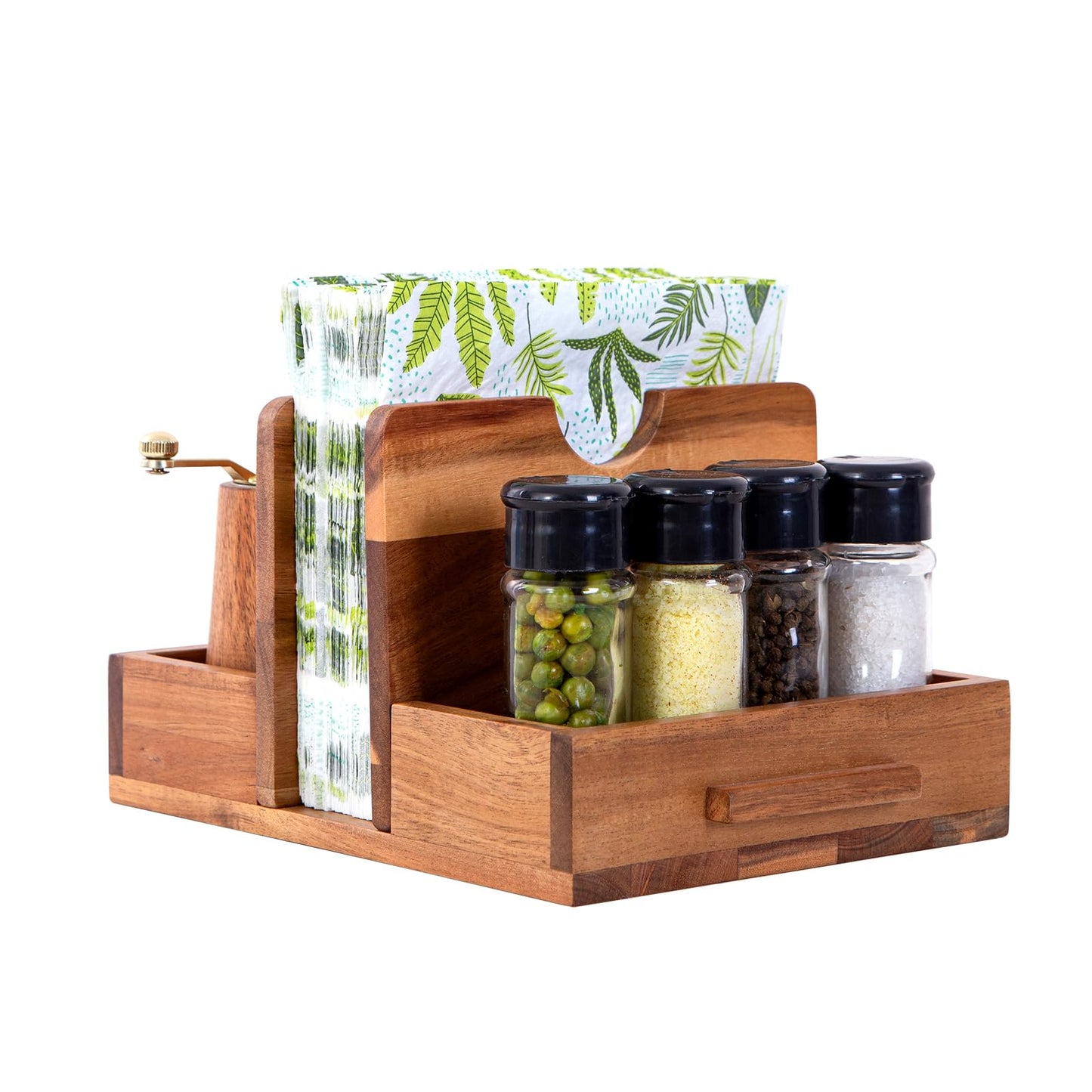 Decent Vrvege Napkin Holder, Napkin Holders with Built-in Salt Pepper Shakers Caddy, Acacia Wood Napkins Dispenser for Dining Table Countertop, Upright Paper Stand - Keep Your Kitchen Tidy & Organized