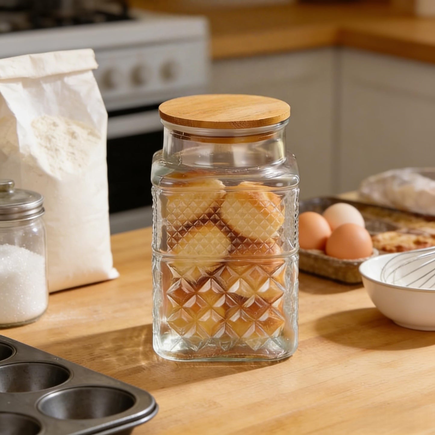 Large Glass Storage Jar, 2 Pack 60 FL OZ Glass Food Storage Containers with Bamboo Lid, Kitchen Laundry Room Organization Decorative Jar for Candy Cookies Coffee Beans Flour Nuts Airtight Glass Jars