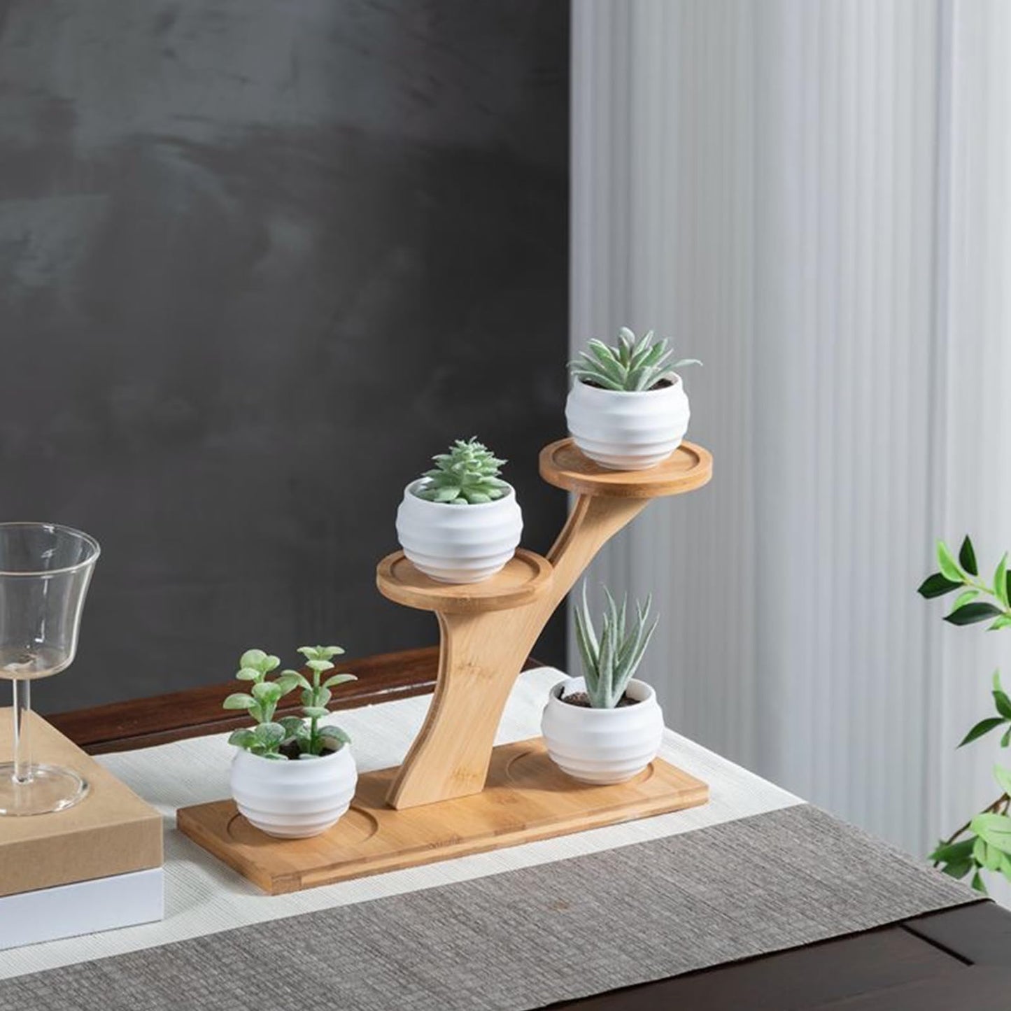 QruiLanTu Window Sill Plant Shelf,Desk Desktop Bamboo Plant Stand, Table Succulent Plant Stand for Home, Office, Living Room, Bedroom Decoration(2set)