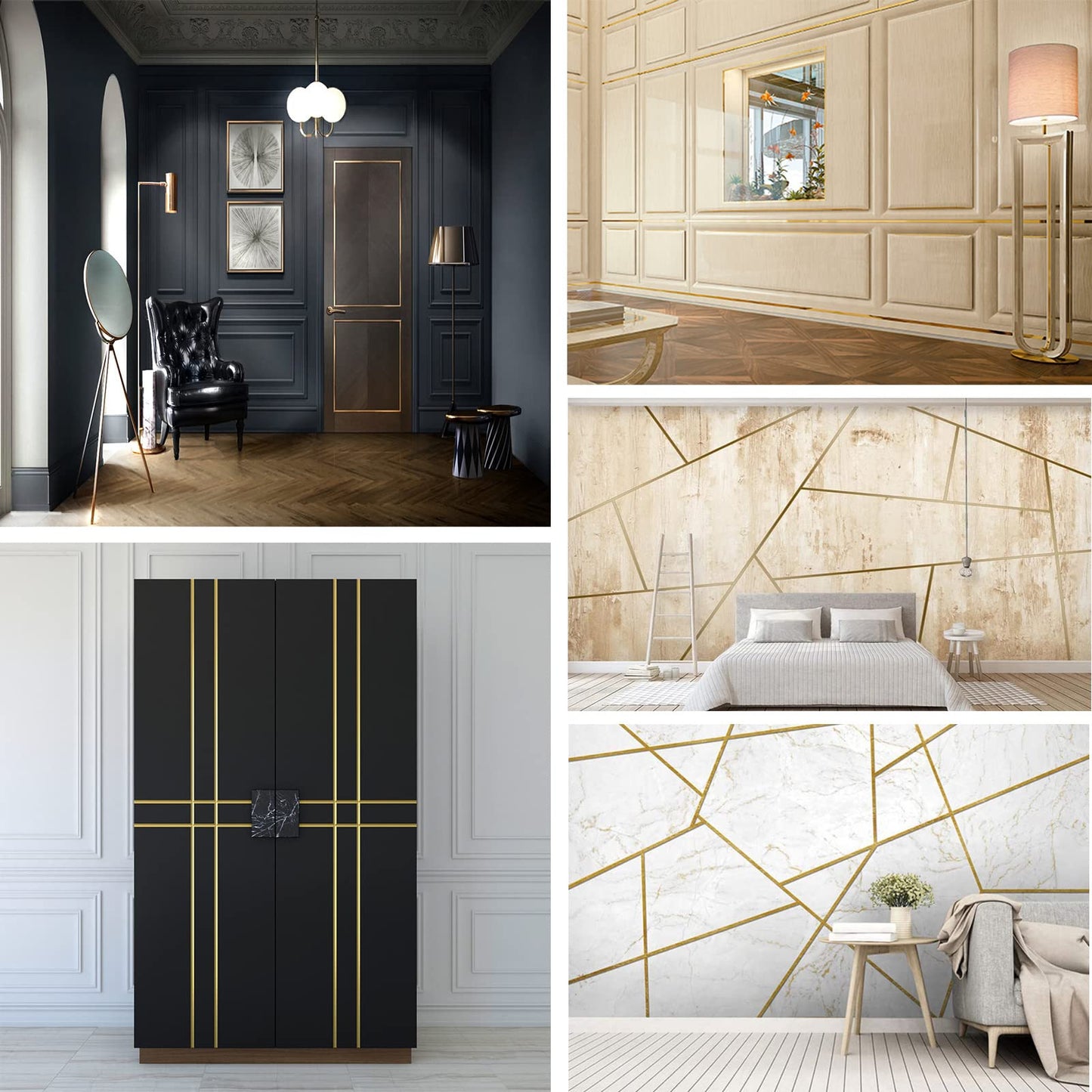 Gold Molding Trim Peel and Stick, Flexible Mirror Border Design, Wall Ceiling Floor Cabinet Tile Edge Moulding, 5m x 2cm