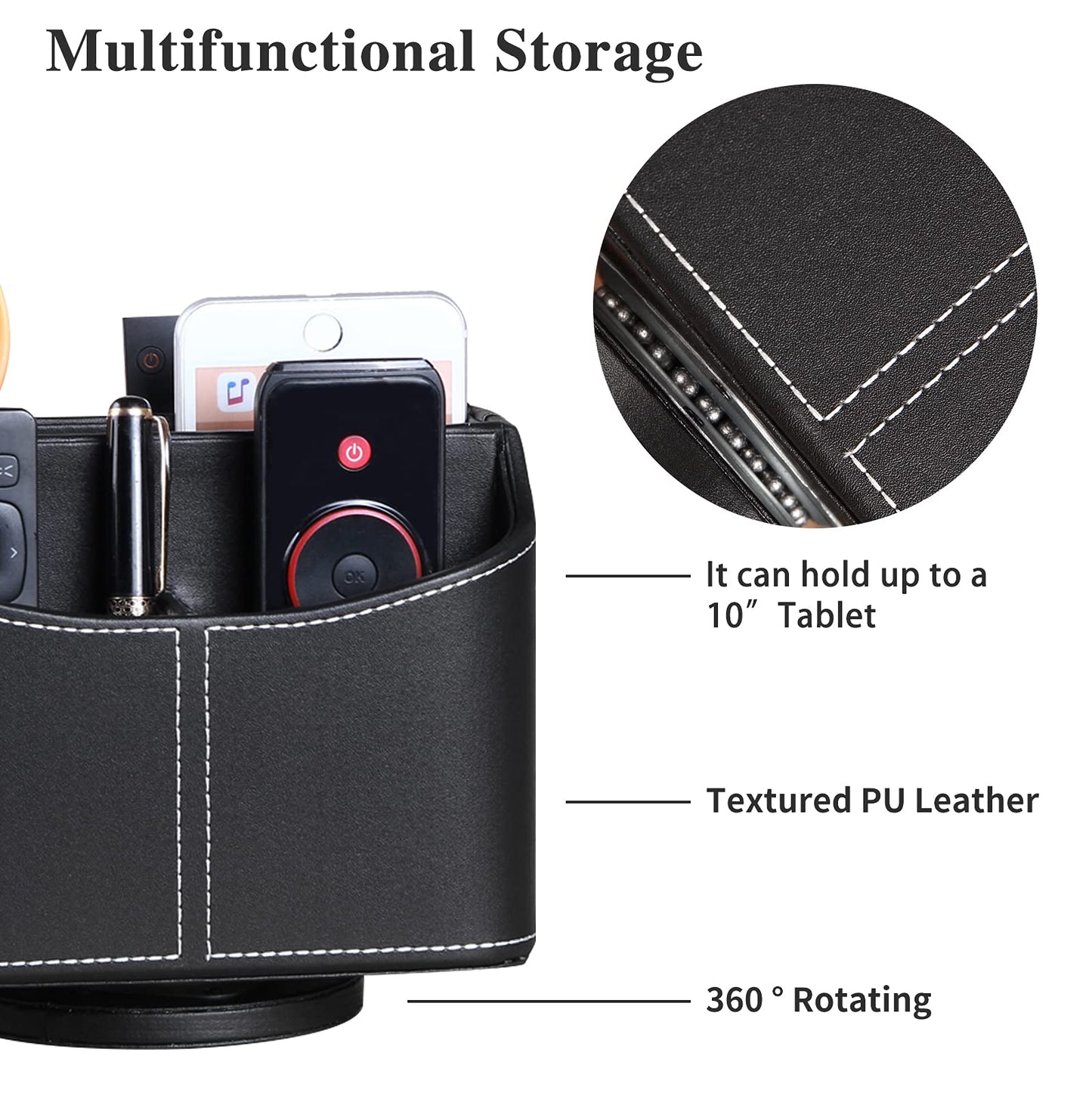 YAPISHI Leather Remote Control Holder, 360 Degree Spinning Desk TV Remote Caddy/Box,Bedside Table Organizer for Controller, Media, Mail, Calculator, Mobile Phone and Pen Storage