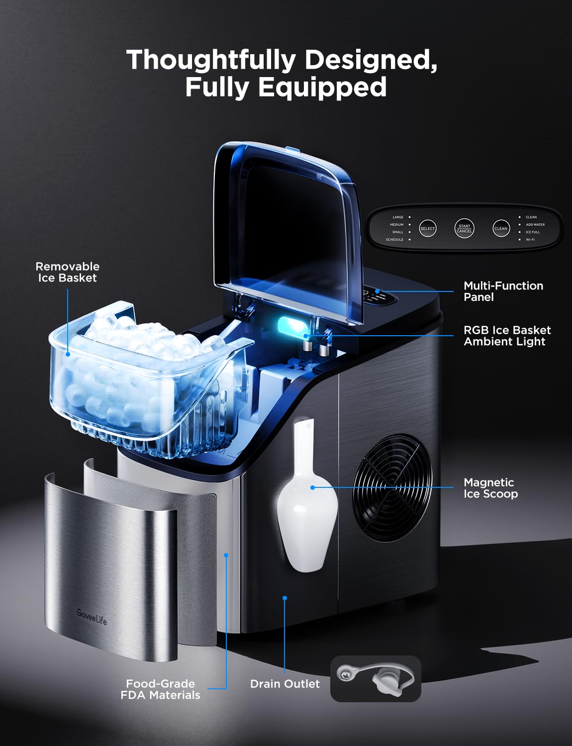 GoveeLife Smart Ice Maker Countertop, Portable Ice Machine with Voice Control, 9 Ice Cubes in 6 Minutes 3 Sizes, 26lbs/24Hrs, Self Cleaning RGB Lights, Quiet Ice Maker with Scoop for Kitchen Silver