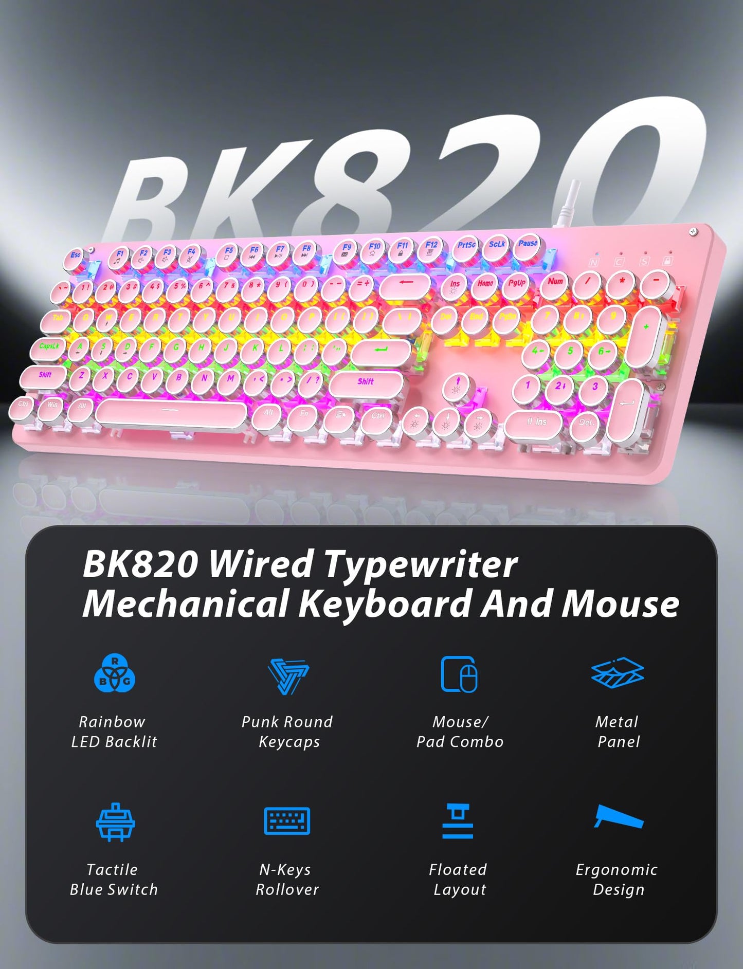 Typewriter Mechanical Gaming Keyboard and Mouse, Metal Panel Retro Keyboards with Round Keycap Blue Switch, Rainbow LED Backlit 104-Key Anti-Ghost Wired Mouse and Pad Combo for PC Laptop Mac Gamer