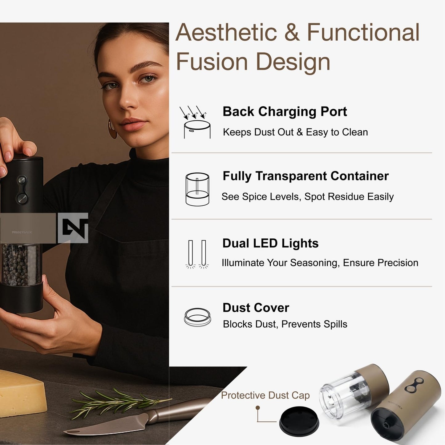 Electric Salt and Pepper Grinder Set USB-C Rechargeable, Dual-Speed Automatic Salt and Pepper Mills with 9 Adjustable Coarseness, Ceramic Burr, LED Light, Refillable, (Taupe Brown)