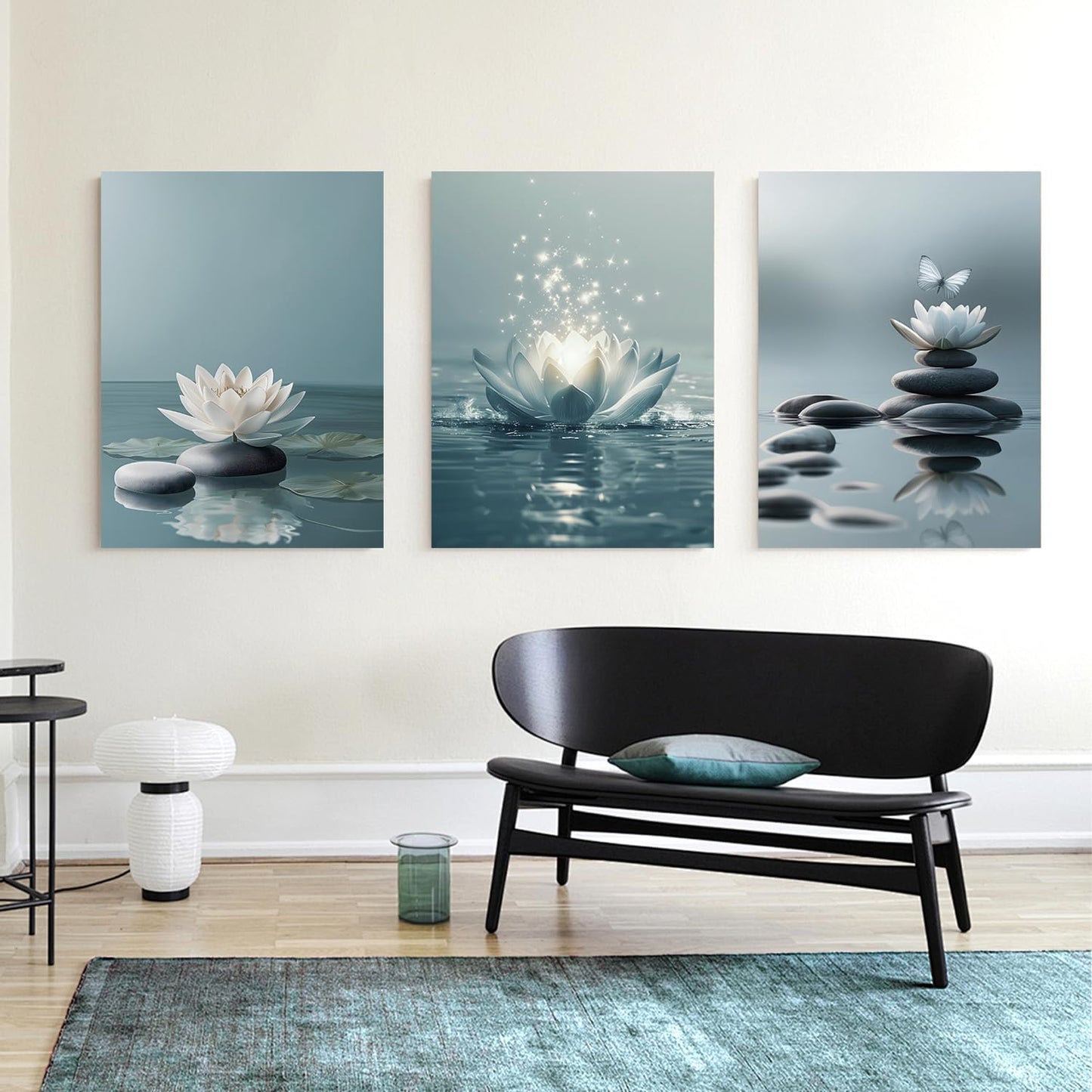 GELDSTEI Calm Zen Botanical Canvas Wall Art, White Lotus Blooming on Stones in Water Aesthetic Pictures, Yoga Spa Meditation Room Decor, Modern Spiritual Poster Prints for Zen Office Framed Set of 3, Each 12x16 Inch