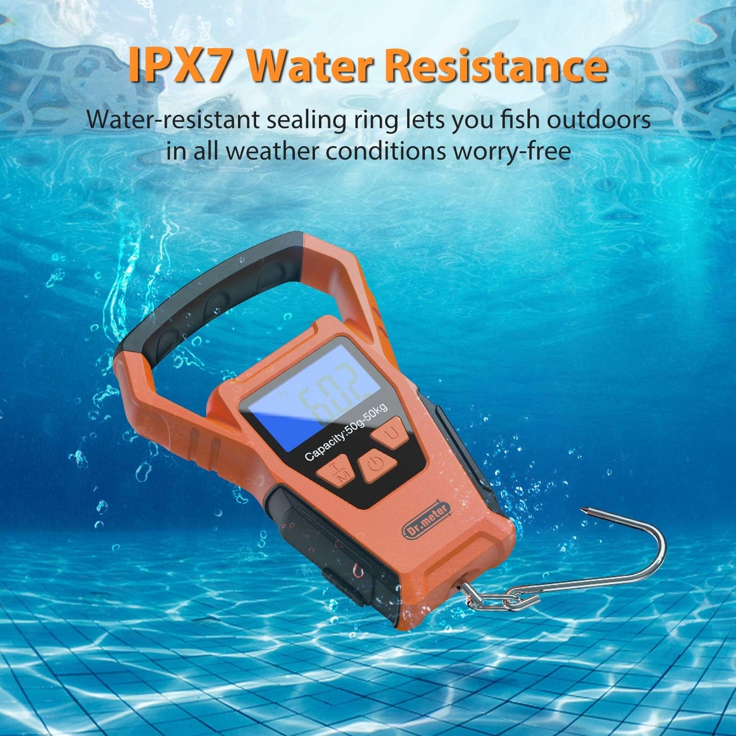 Dr.meter Fish Scale Waterproof: Luggage Weight Scale with Bigger Handle and Hook Upgraded IPX7 110lb/50kg Backlit LCD Display Digital Hanging, Built-in Tape, Battery Included, Fishing Gifts for Men