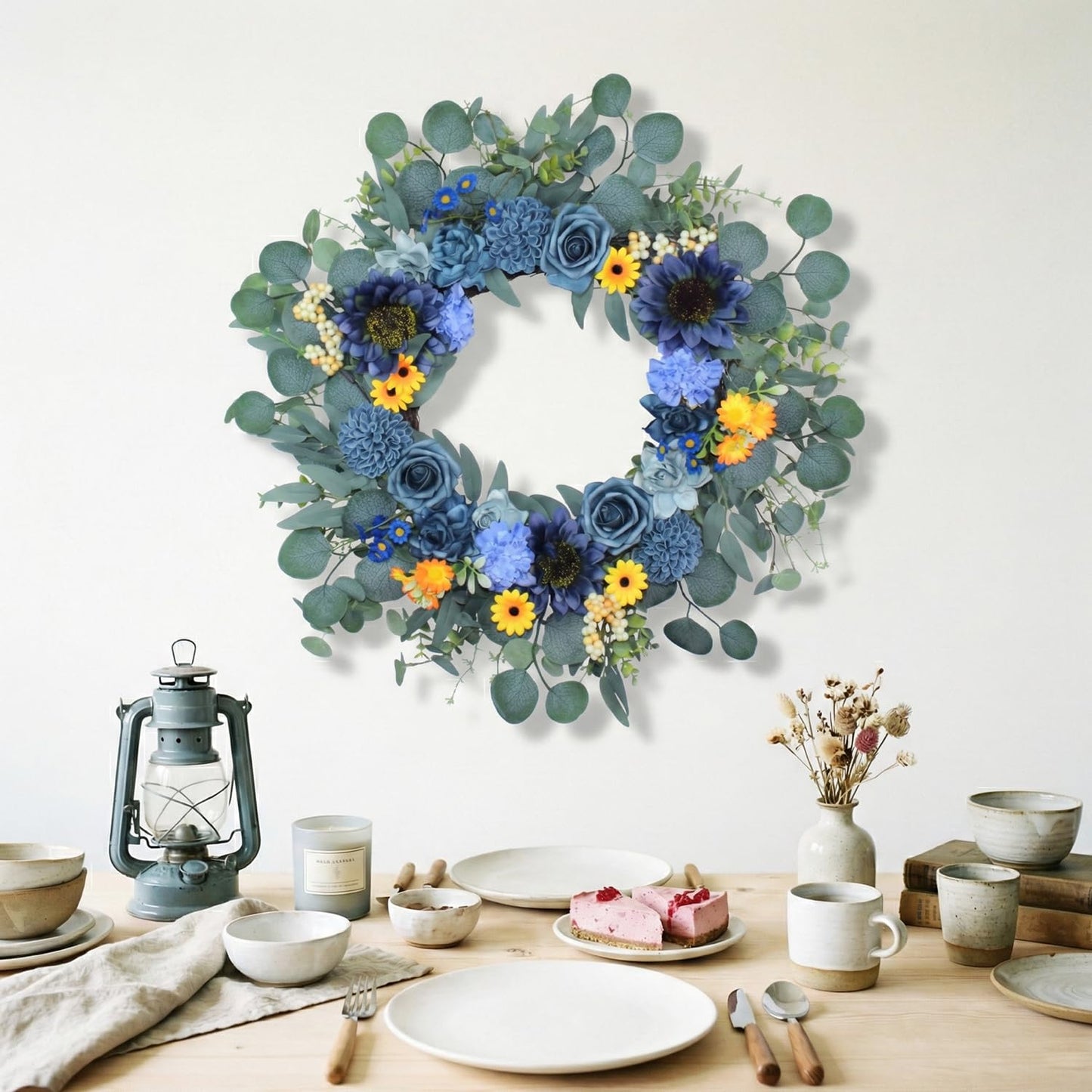 22'' Summer Wreath for Front Door Decor,Sunflowers with Berry Accents