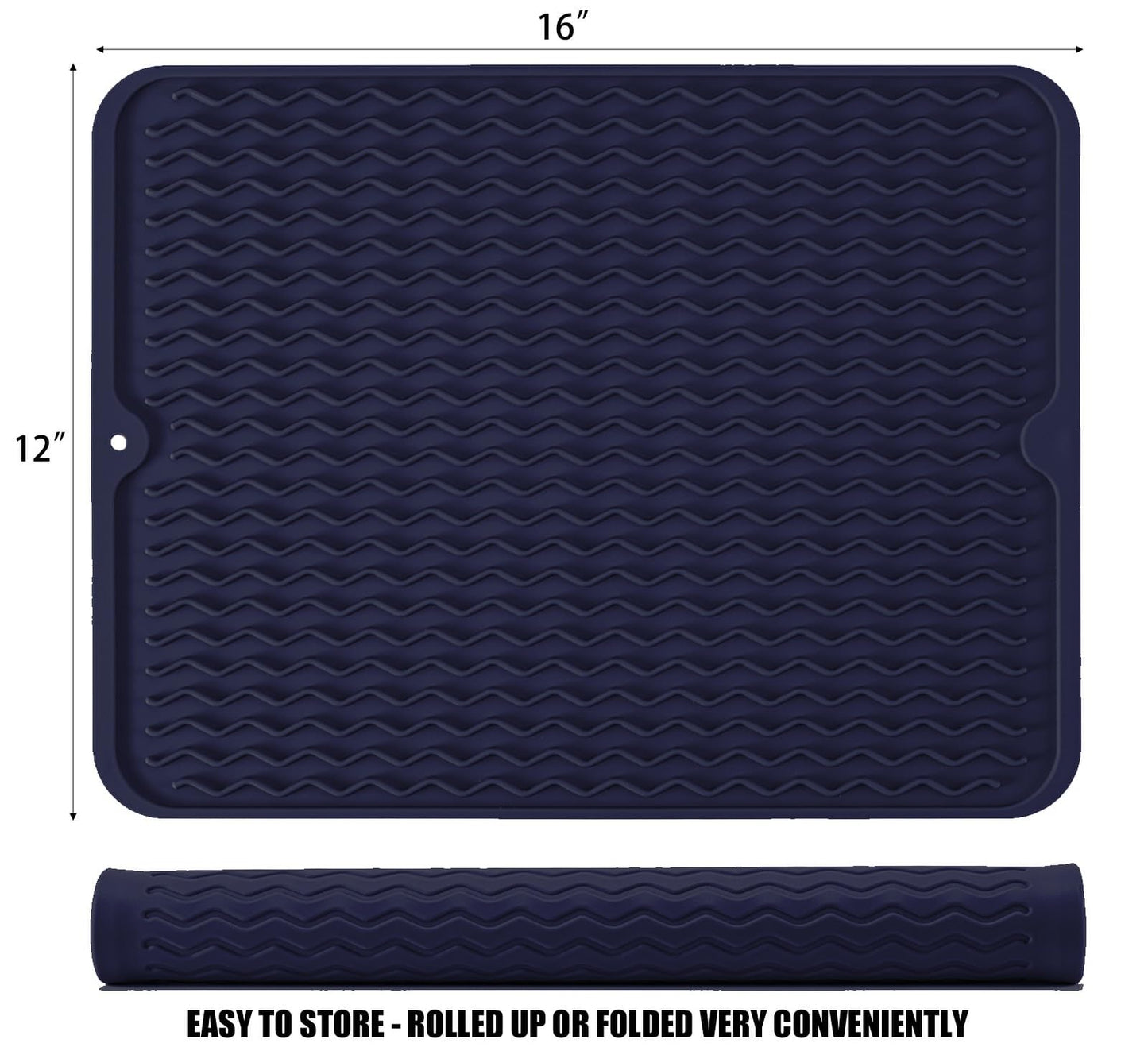 Silicone Dish Drying Mat for Multiple Usage, Easy clean, Eco-friendly, Heat-resistant Dish Drainer Mat for Kitchen Counter,Sink,Refrigerator or Drawer liner (16" x 12", Dark Blue)