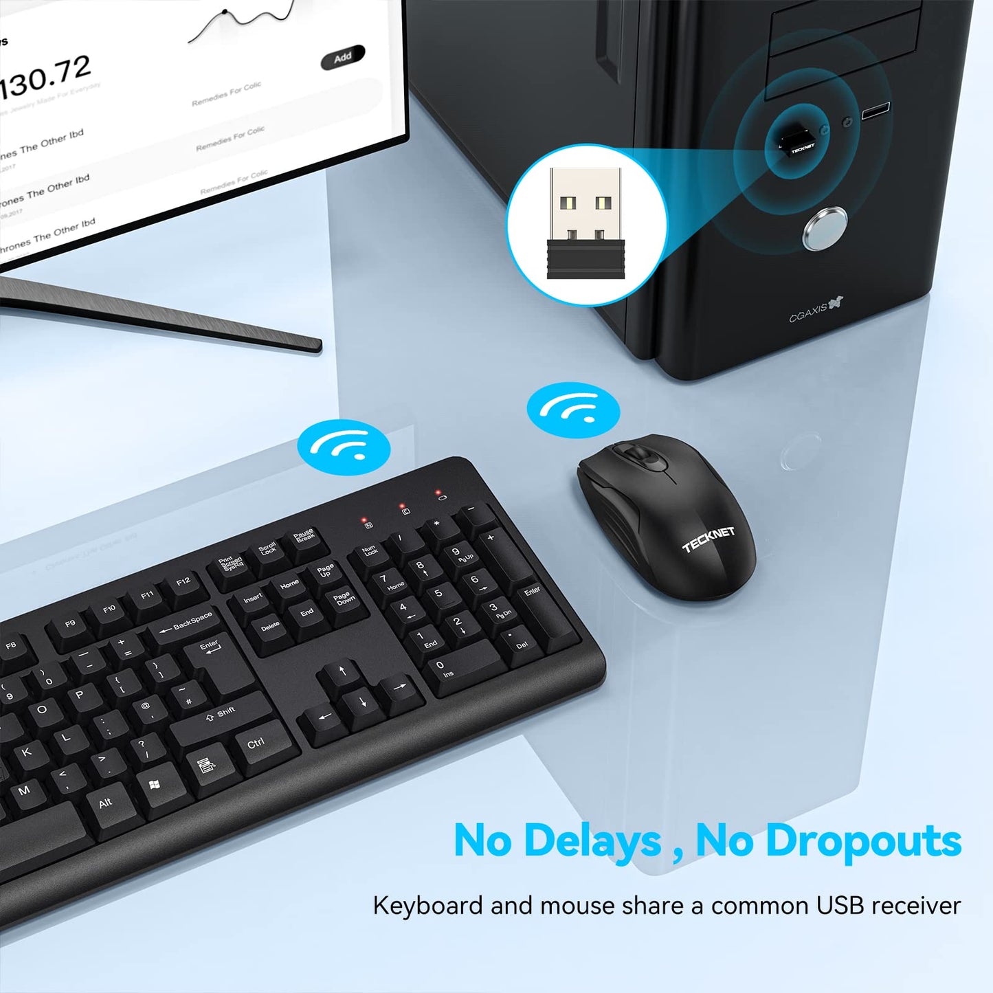 TECKNET Wireless Keyboard and Mouse Set, Ergonomic 2.4G Cordless Keyboard & Mouse Combo Silent, Full-Size, Spill-Resistant with Nano USB Receiver for PC, Laptop, Computer - QWERTY, UK Layout