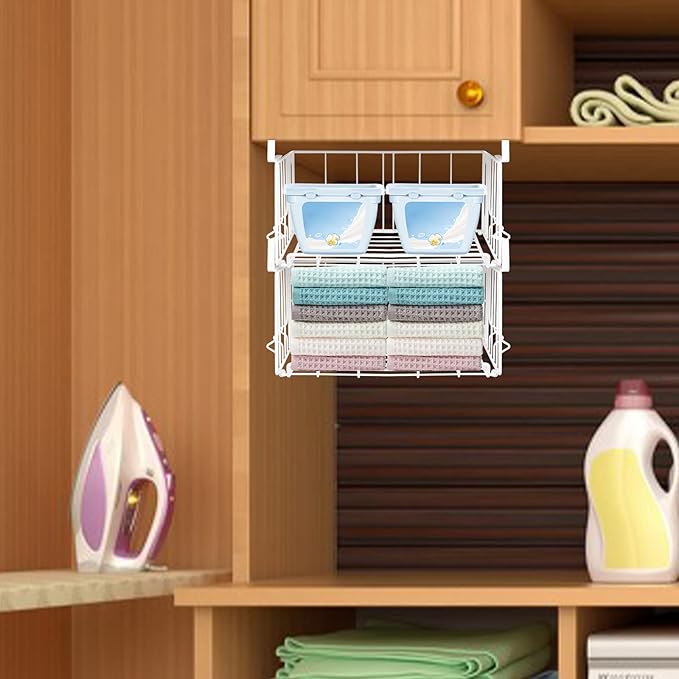 Hanging Under Shelf Storage Basket, 2 Pack Foldable Under Cabinet Metal Desk