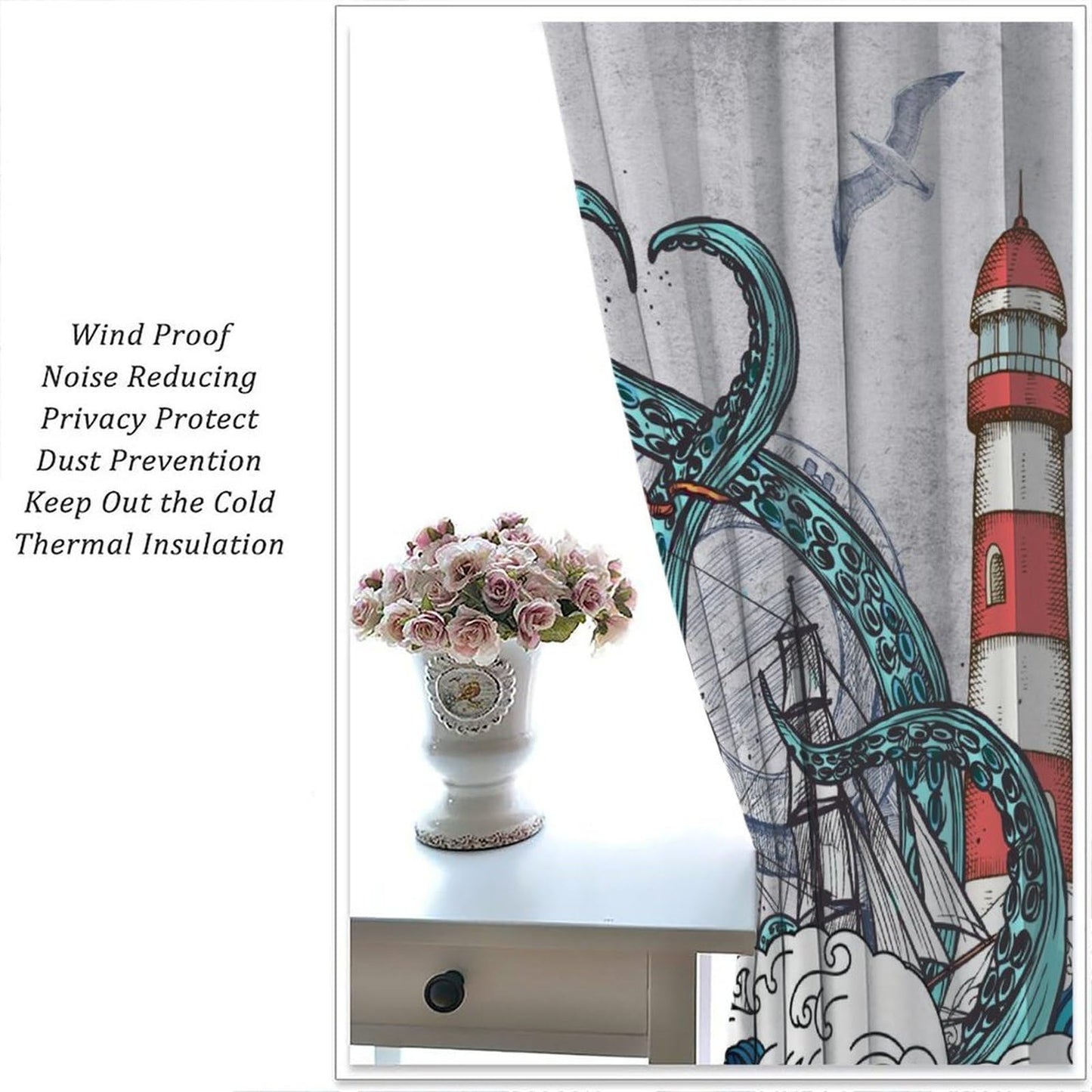 Nautical Curtains Vintage Blue Octopus Sea Monster Sailboat Map Rustic Lighthouse Compass Scene Ocean Beach Windows Treatments Rod Pocket For Boys Kids Living Room Bedroom 42x44.5In(No Blackout)