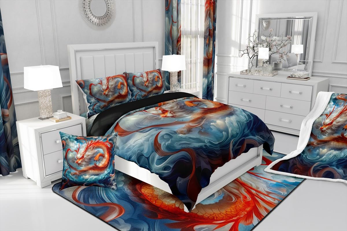 Feelyou Dragon Monster Bedding Sheets Full Red Mighty Dragon Bed Sheet Set for Adult Kids Classical Monster Fitted Sheet Wild Animal Bed Cover 3Pcs,1 Fitted Sheet+2 Pillow Sham(No Flat Sheet)