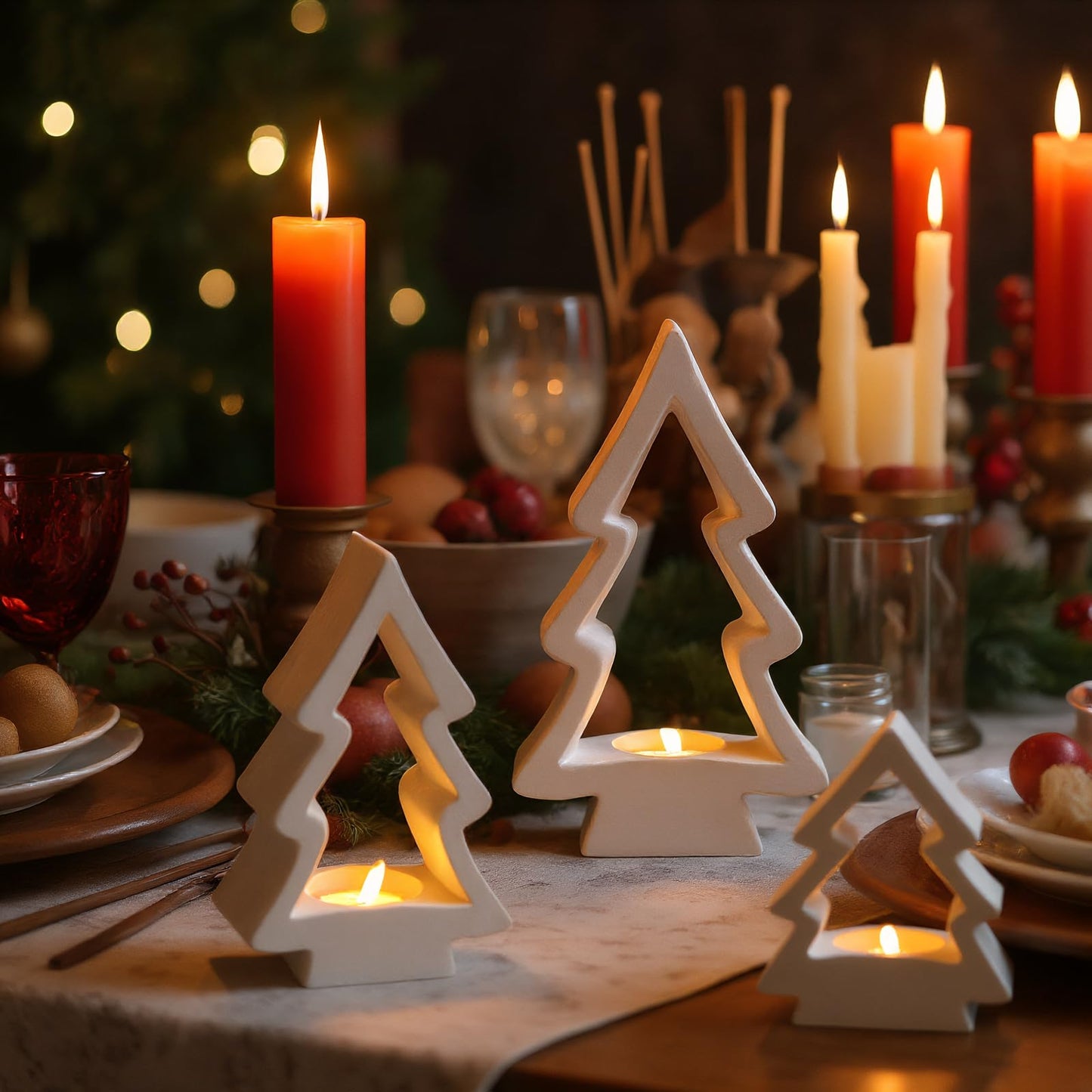 Sunnychicc 53 Pcs Christmas Tree Candle Holders Concrete Tea Light Holders Christmas Tree Table Centerpieces Party Decorations Xmas Gifts for Farmhouse Holiday Party Fireplace Mantel Decor