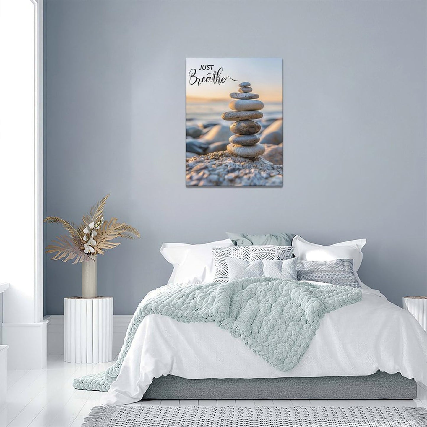 Zen Wall Art Spa Stone Just Breathe Pictures Canvas Wall Decor Meditation Yoga Painting Peaceful Home Modern Artwork Decorations Framed for Bathroom Bedroom Living Room Office 12 x 16 inch