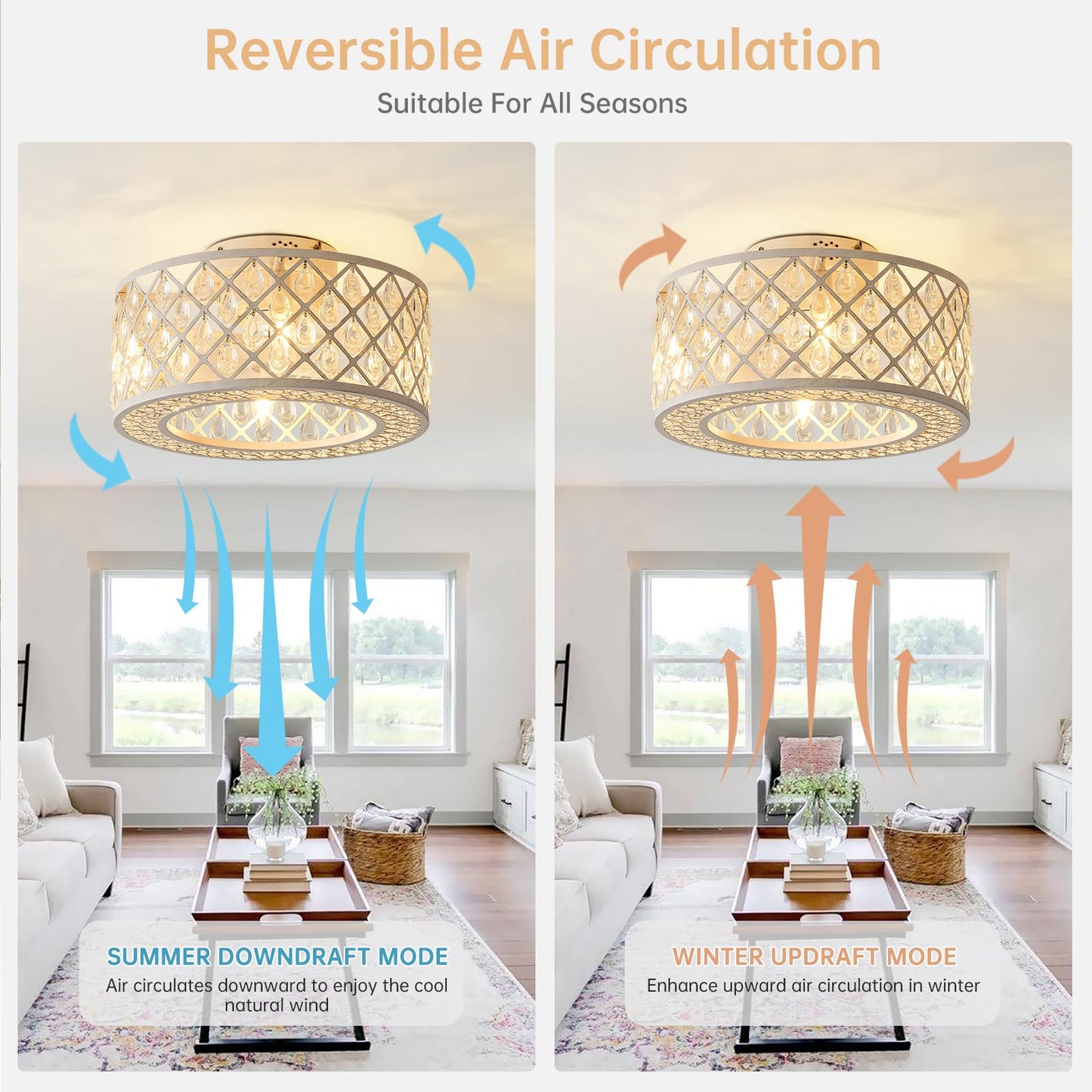 18 Inch Caged Ceiling Fans with Lights, Farmhouse White Crystal Fandelier Ceiling Fan and Remote/APP Control Low Profile Ceiling Fan for Bedroom Living Room Dining Room Kitchen Indoor, Including Bulb