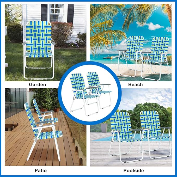 VINGLI Patio Lawn Webbed Folding Chairs Set of 4, Outdoor Beach Chair Portable Dining Chair for ir for Outdoor Yard, Garden(Blue, Classic)