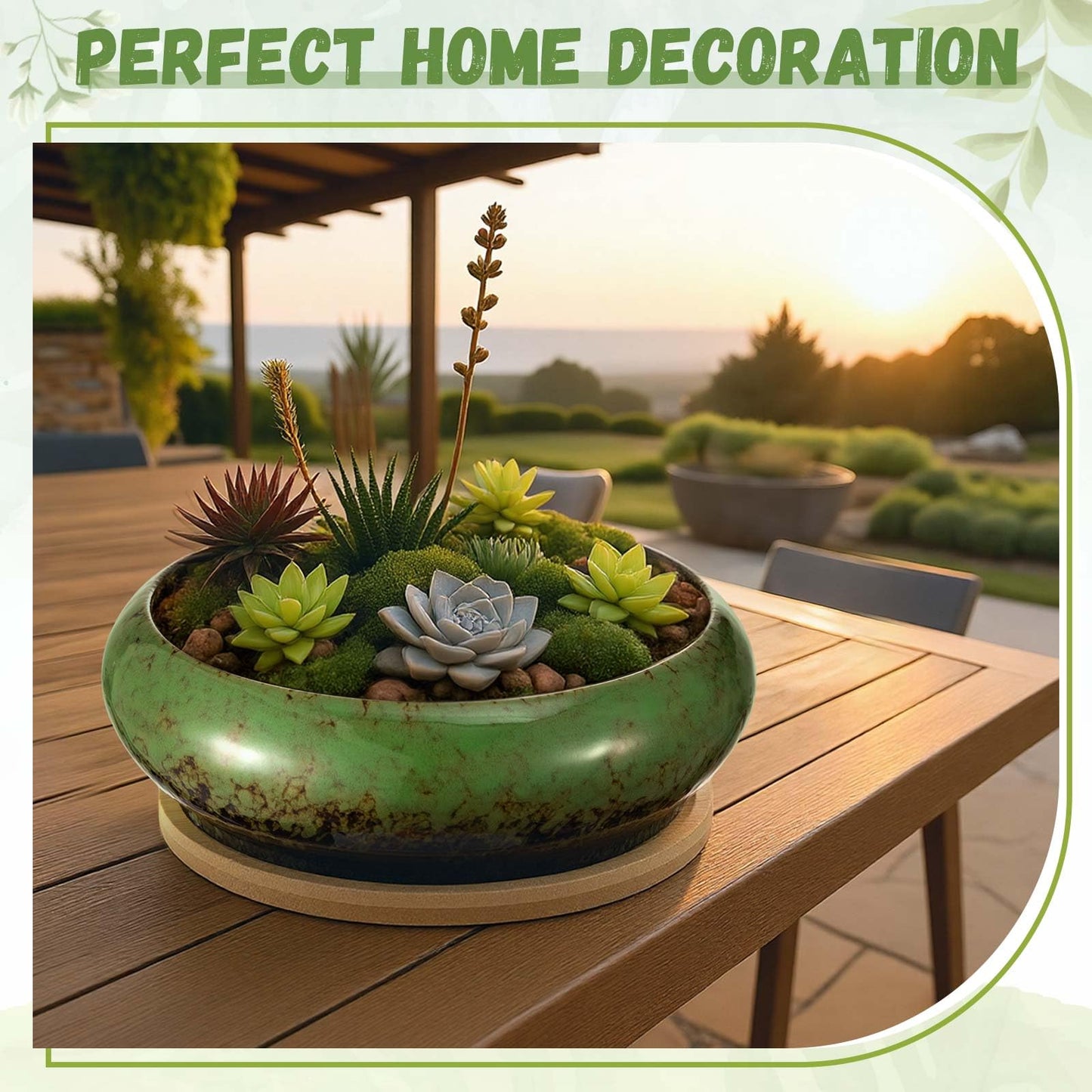 Acellegic 2 Pack 7.3 Inch Round Large Shallow Succulent Ceramic Planter Pots with Drainage Hole Drip Glazed Shallow Bonsai Pot with Bamboo Tray for Indoor Outdoor Plants Decor Cactus Flower