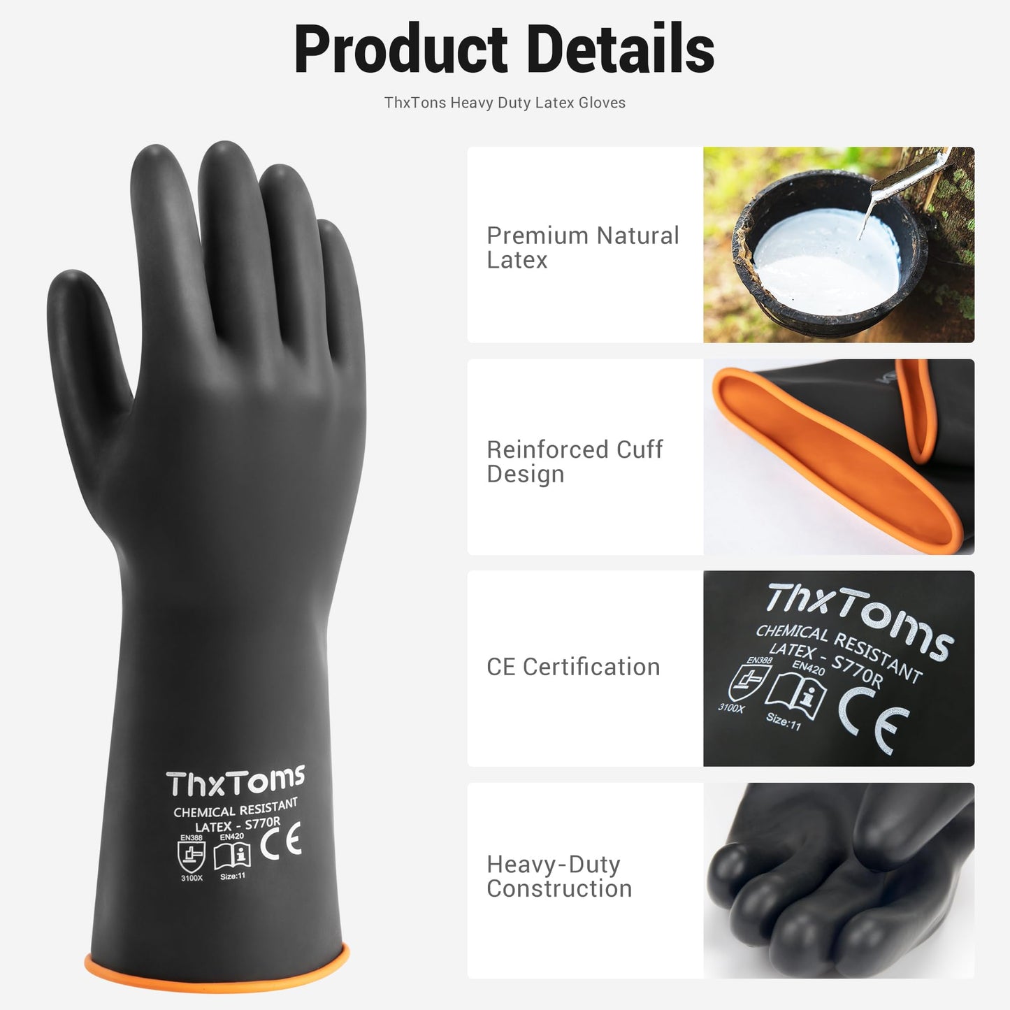 ThxToms Chemical Resistant Gloves,Reusable Heavy-Duty Rubber Gloves, Resist Strong Acid, Alkali and Oil, 22", 1 Pair