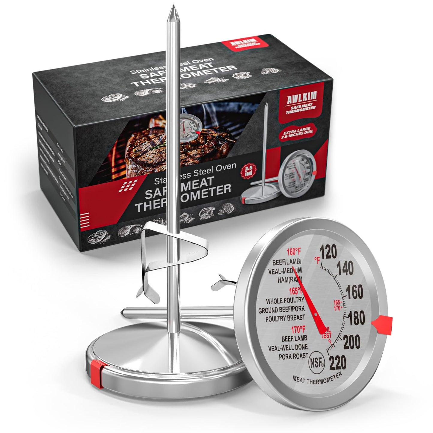 AWLKIM® 2 Pack Stainless Steel Meat Thermometer, Safe Leave in Oven, 2.5-in Extra-Large Dial Food Thermometer for Cooking, Temperature Probe for Baking, Candy, Steak, Turkey - Kitchen Gadgets