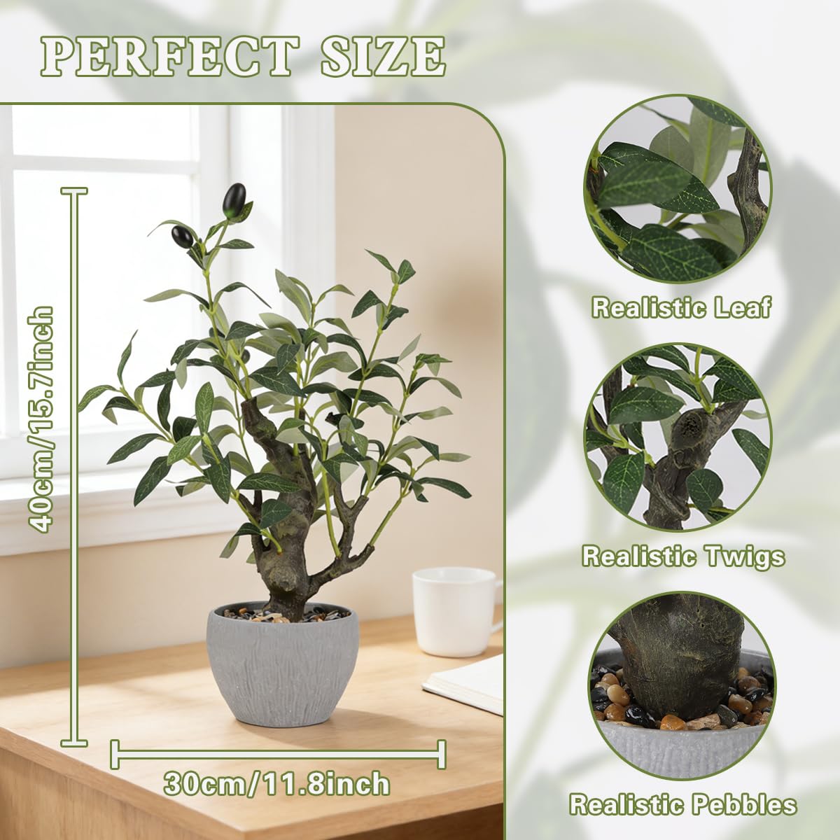 KAIRNE Artificial Olive Tree Potted,15.7” Tall Fake Green Plants,Realistic Leaves Decorative Table Decor,Lifelike Branches and Fruits Planter,Rustic Design Faux Plants for Home Office Desk Decor