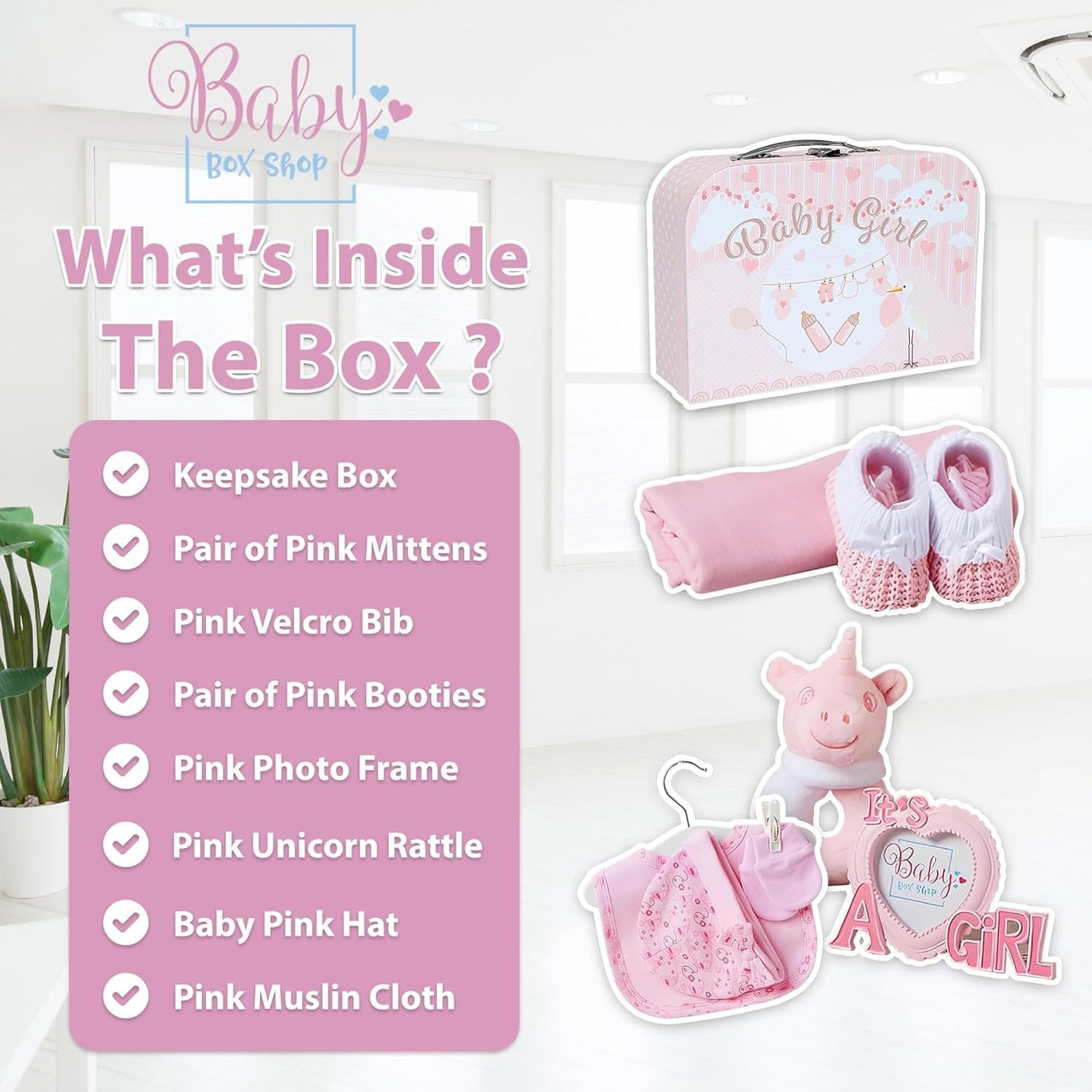 Baby Box Shop - Girl Gift Set, Newborn Essentials, Baby Shower Gifts for Girls, Keepsake Box with Pink Unicorn Rattle, Bib, Booties, Mittens, Hat, Photo Frame & Muslin Cloth - Premium Baby Hamper