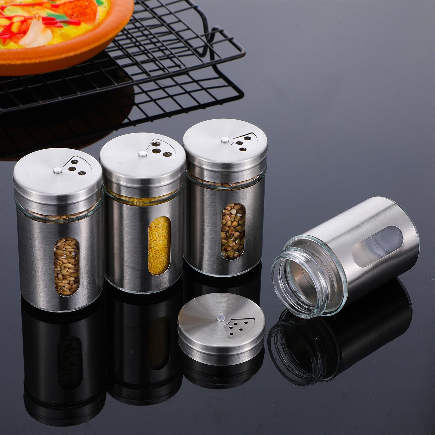 8 Pcs Premium Stainless Steel Salt and Pepper Shakers Set – Salt and Pepper Shakers,Stainless Steel Shaker for Salt Powder Sugar Cinnamon Pepper, Spice Dispenser with Adjustable Pour Holes, Silver