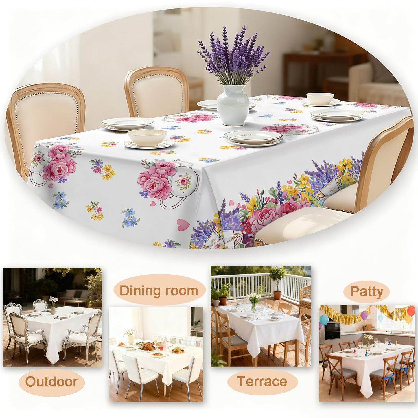 GAGEIZO Reusable & Waterproof Rectangular Tablecloths for Kitchens, Parties, Birthdays, Patios, and Outdoor Events Decorations Floral Table Cloth,8FT/126 x 60 Inch