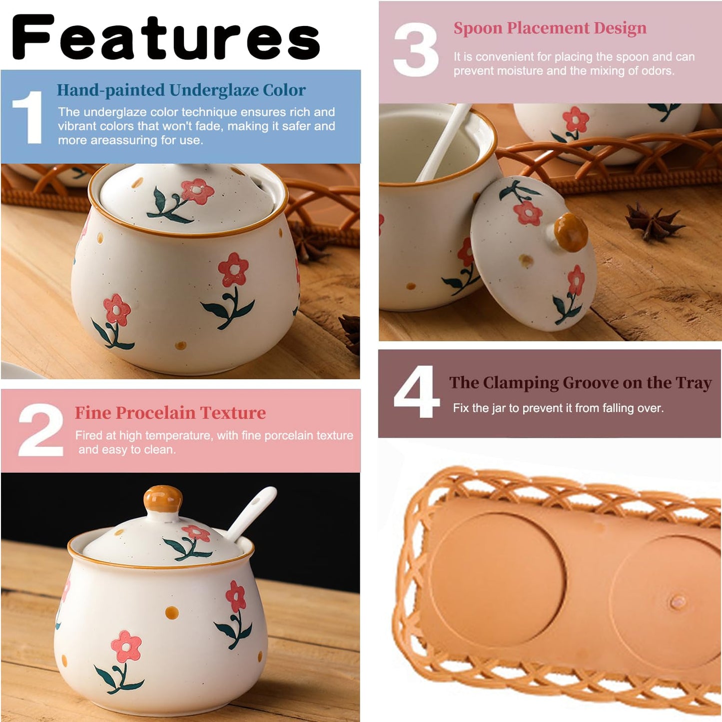 Orkim Kitchen Ceramic Condiment Jars with Lids and Spoons, 3 Piece Porcelain Seasoning Jar Set for Salt Spice Pepper Suger Bowl, Coffee Tea Container Pot with Serving Tray - A Pink Flower
