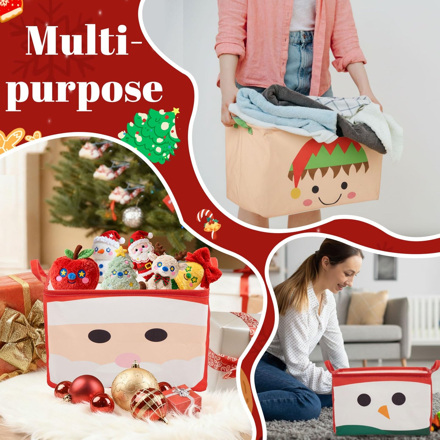 Wonderjune 6 Pcs Large Christmas Storage Basket 15 x 8.7 x 10.2 Inch Empty Christmas Gift Baskets with Handle Rectangle Foldable Xmas Storage Bin Organizer Box with Handle for Family Cloth Toy Gifts