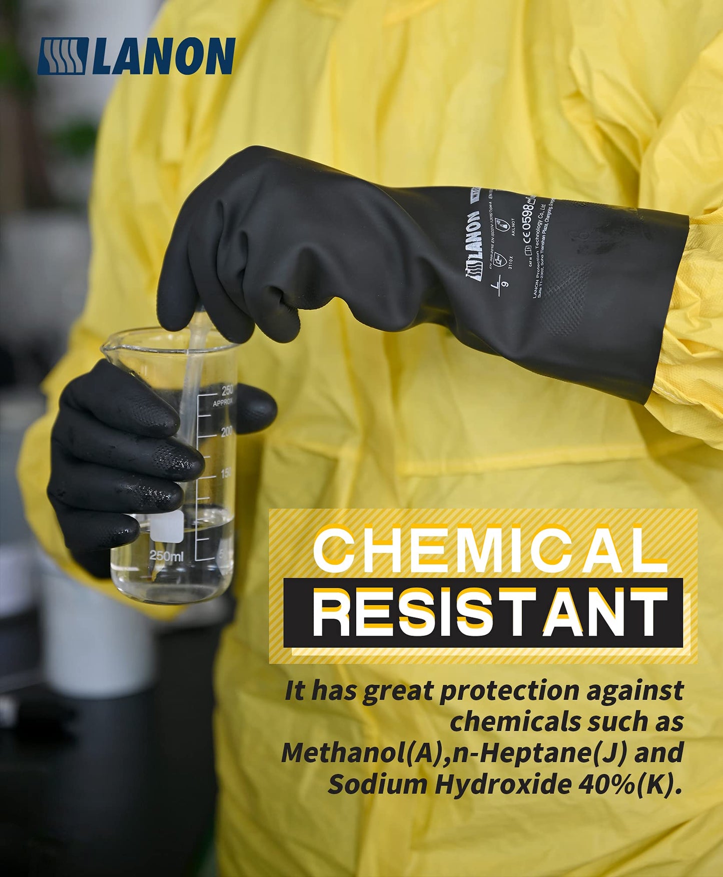 LANON Rubber Chemical Resistant Gloves, Reusable Heavy-duty Safety Work Gloves, Acid & Alkali Protection, Non-Slip, Large
