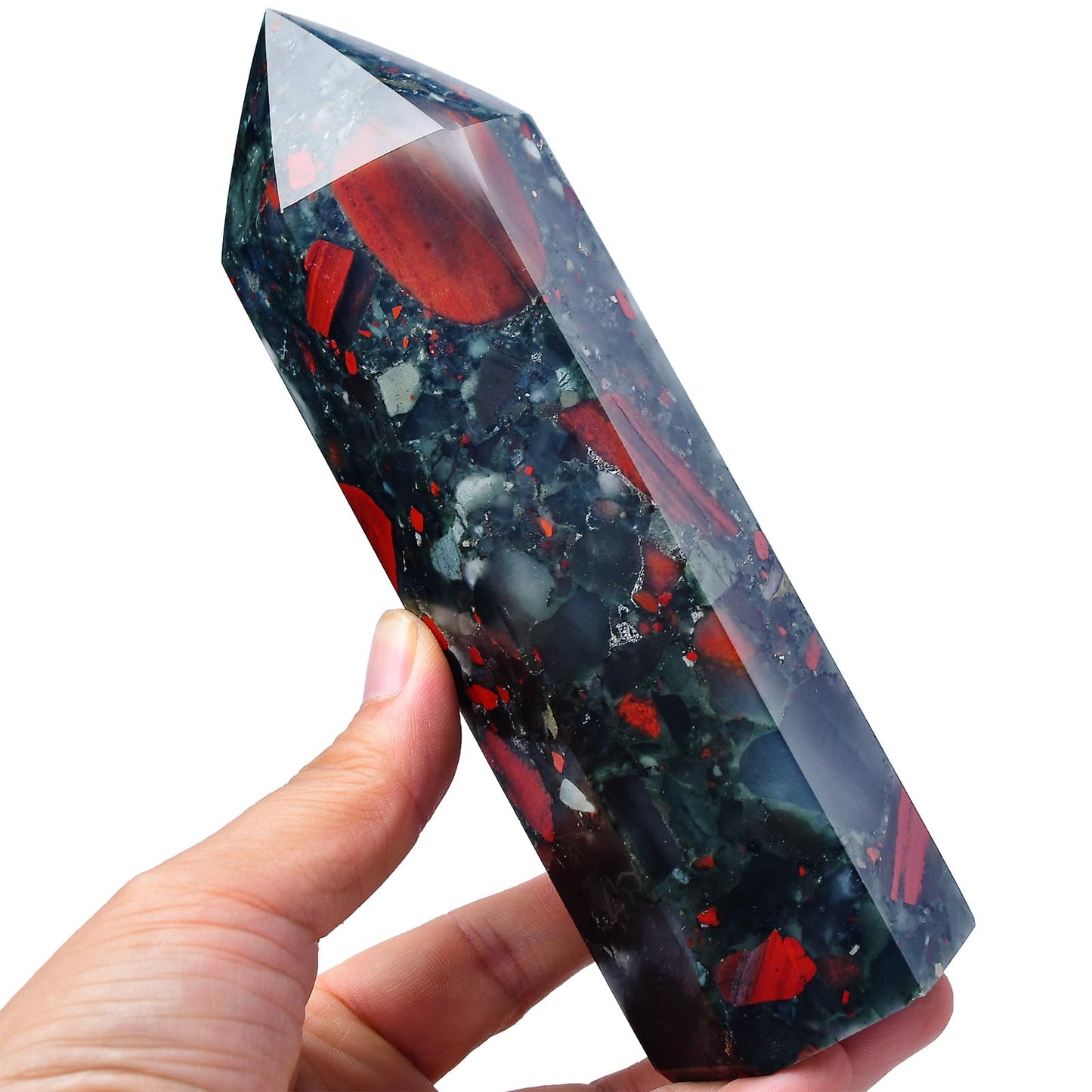 FZBHRO Large Crystal Towers Africa Blood Stone 6 Faceted Quartz Point Obelisk Red Healing Crystal Wand 2.2-2.6 Pound