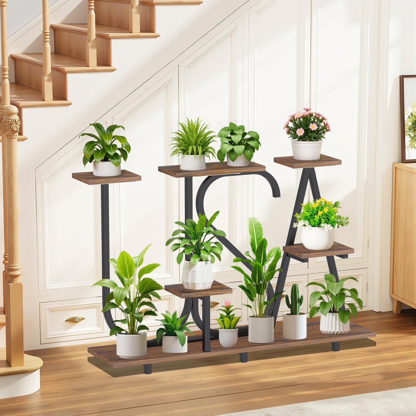 NUNUDA Plant Stand Indoor with Grow Lights - Enlarged 6 Tiered Plant Shelf with Grow Light, 32" USA-Shaped Plant Stand Holds 12 POTS Indoor Plants, Metal Plant Shelf for Home, Living Room, Patio