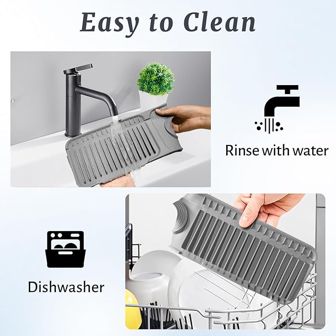 PoYang 24 inch Faucet Mat for Kitchen Sink Splash Guard, 7° Slope Silicone Sink