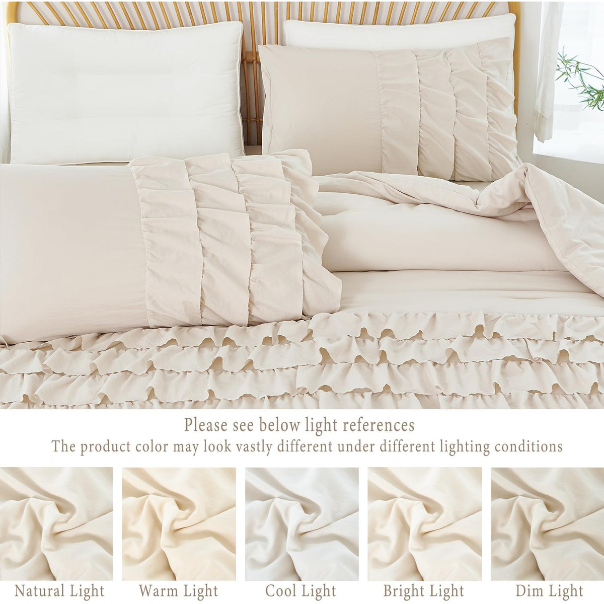 PERFEMET Queen Comforter Set 3 Pieces Beige Ruffled Comforter Set Shabby Chic Bedding Sets for Women Teen Girls Fluffy for All Season
