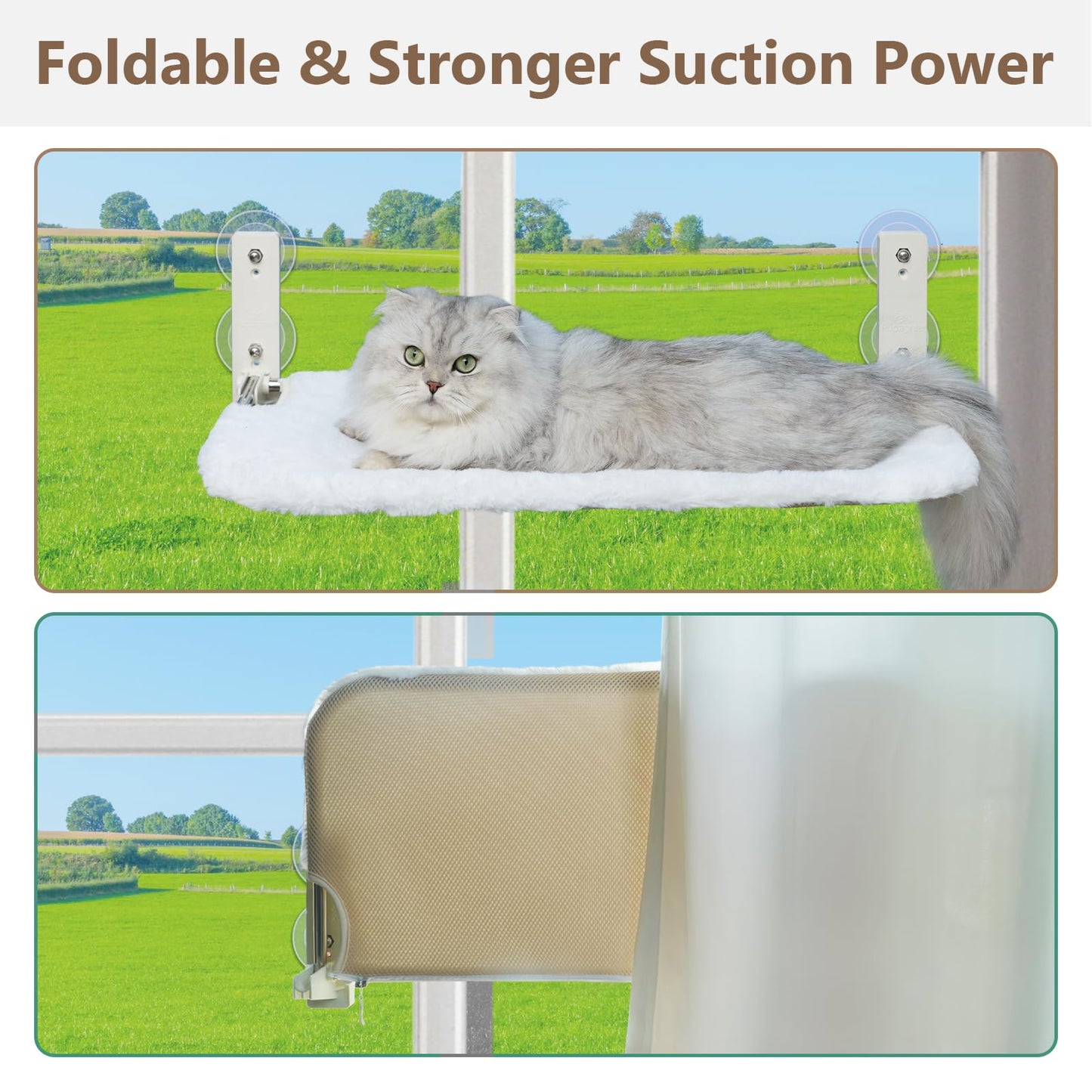 PEFUNY Cordless Folding Cat Window Perch, Cat Hammock for Window and Wall, with 4 Suction Cups, Sturdy Setal Frame for Glass Windows and Interior Walls (White Large)
