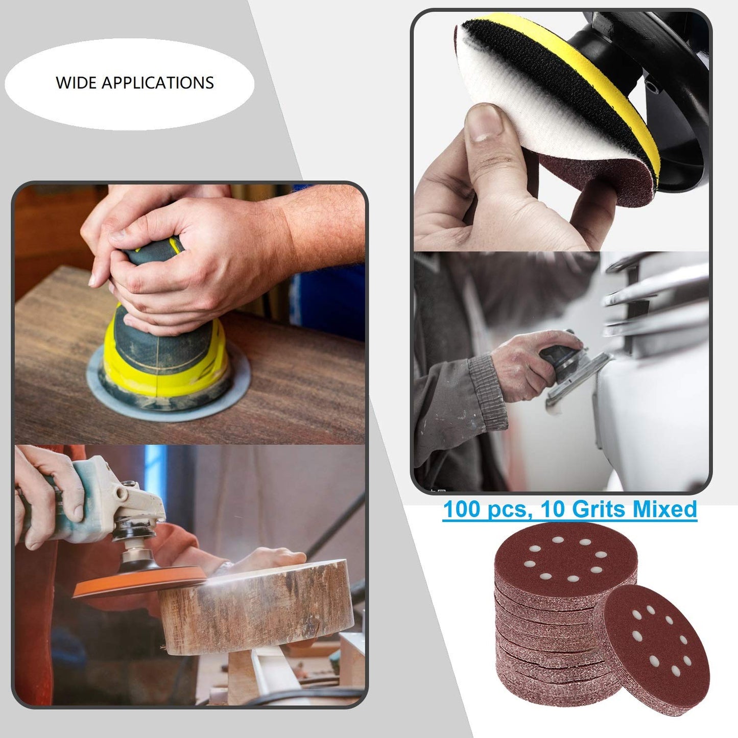 Toowood 100pcs 125mm Sanding Discs, 8-Hole Dustless Hook & Loop sand paper, 60-600 Multi-Grit Professional Abrasive Discs for Orbital Sander, Woodworking and Auto Body Refinishing