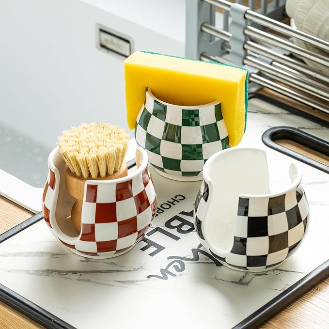 Checkered Sponge Holder for Kitchen Sink, Ceramic Dish Sponge Dish Rack Scrubby